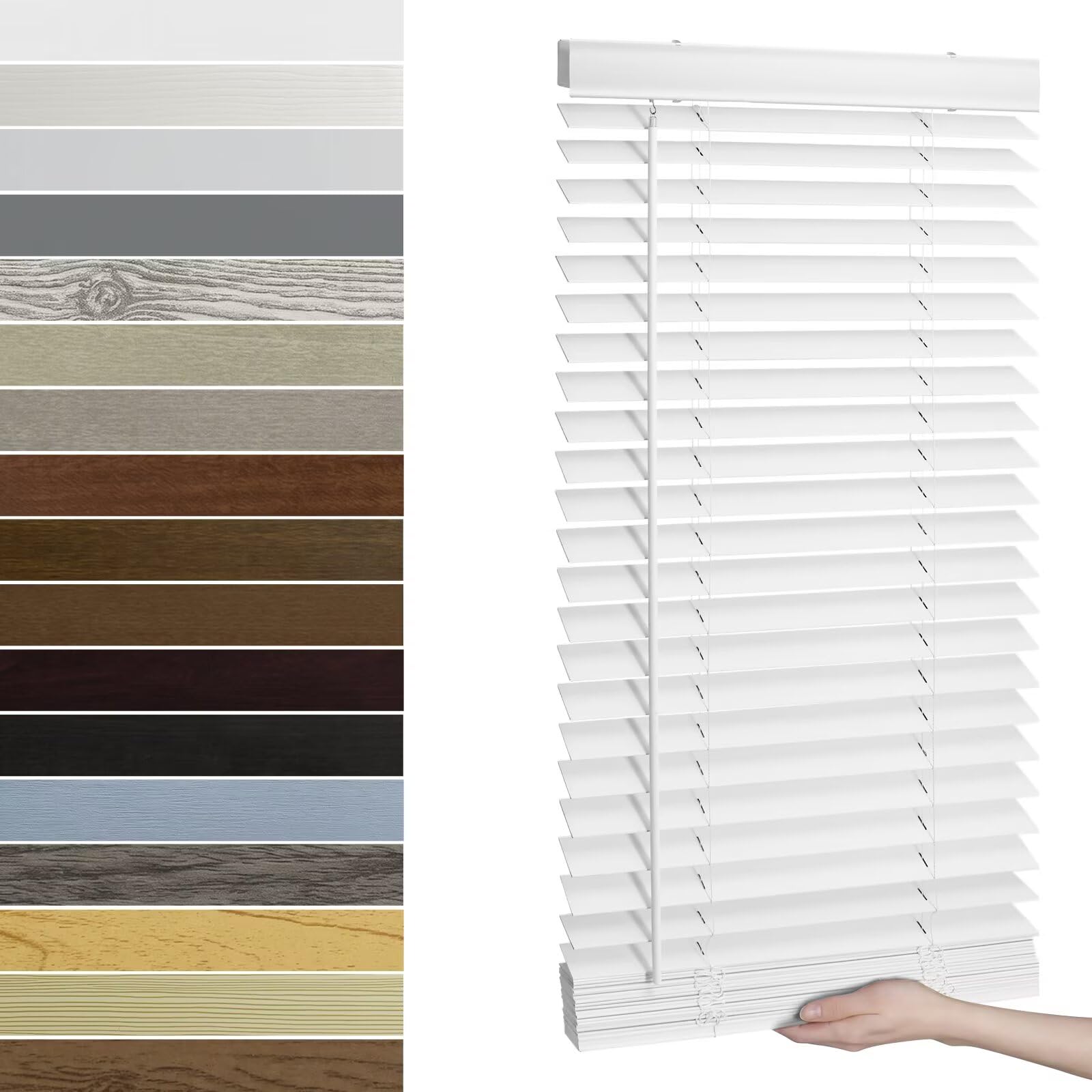 View 1 of 2 Inch Cordless Faux Wood Blinds for Indoor Window, Custom Size Pure White