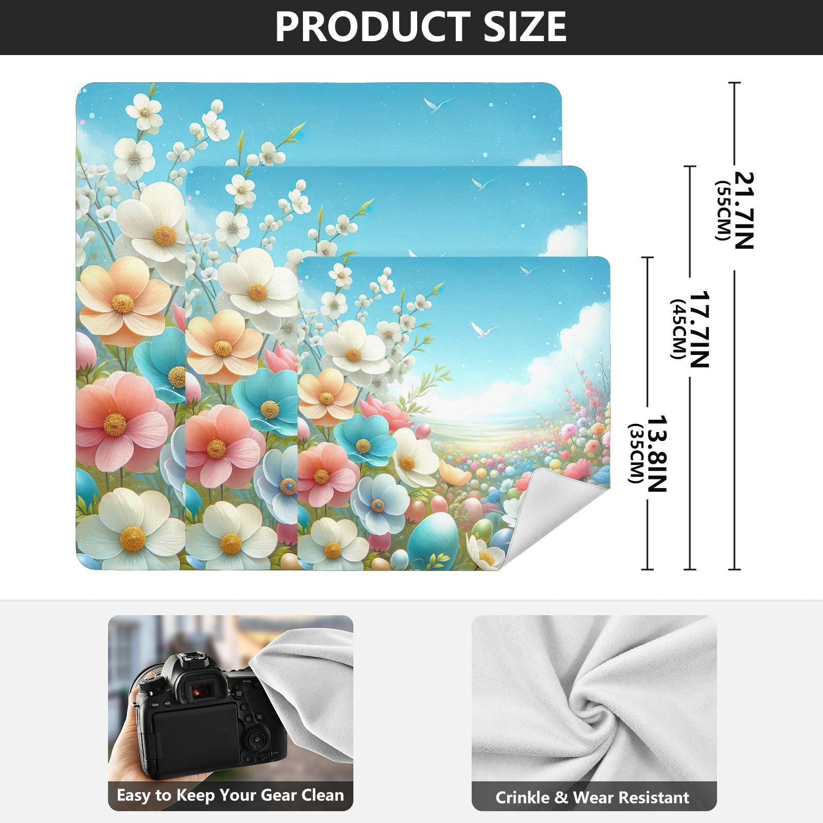 ODAWA Easter Flowers Self-adhesive Cloth 21.7X21.7 Inch Cosmetic Bag Magic Cloth Magic Self-Adhesive Cloth for Camera, Lens, Laptop