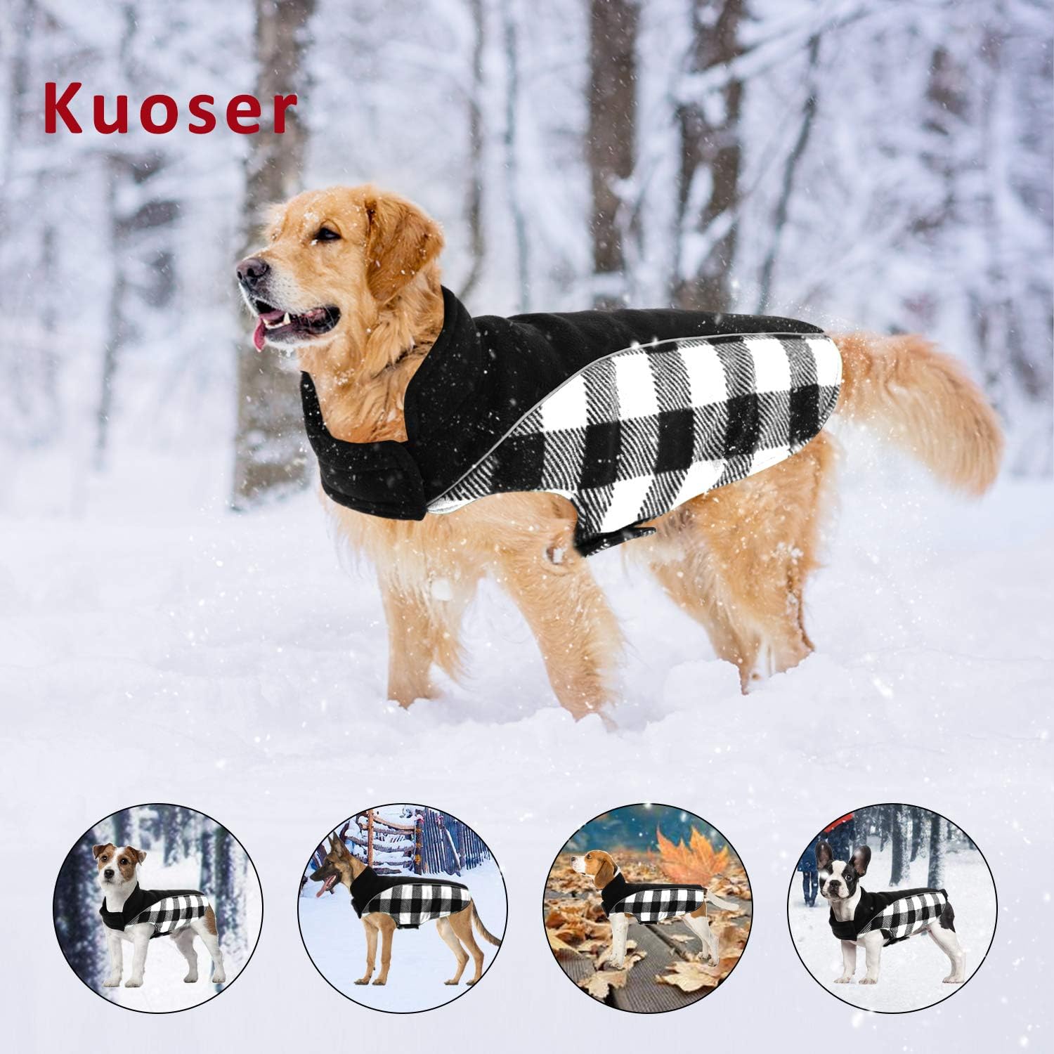 Kuoser Reversible Dog Cold Weather Coat, Reflective Waterproof Winter Pet Jacket, British Style Plaid Dog Coat Warm Cotton Lined Vest Windproof Outdoor Apparel for Small Medium and Large Dogs Black S : Pet Supplies