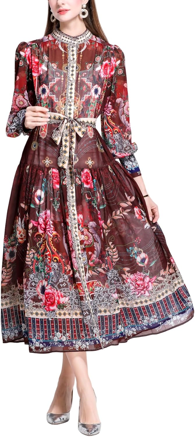 Women's Retro Print Dress, Bohemian Style, A-line Maxi Dress, Tie Waist Lantern Sleeves, Stand Collar Dress