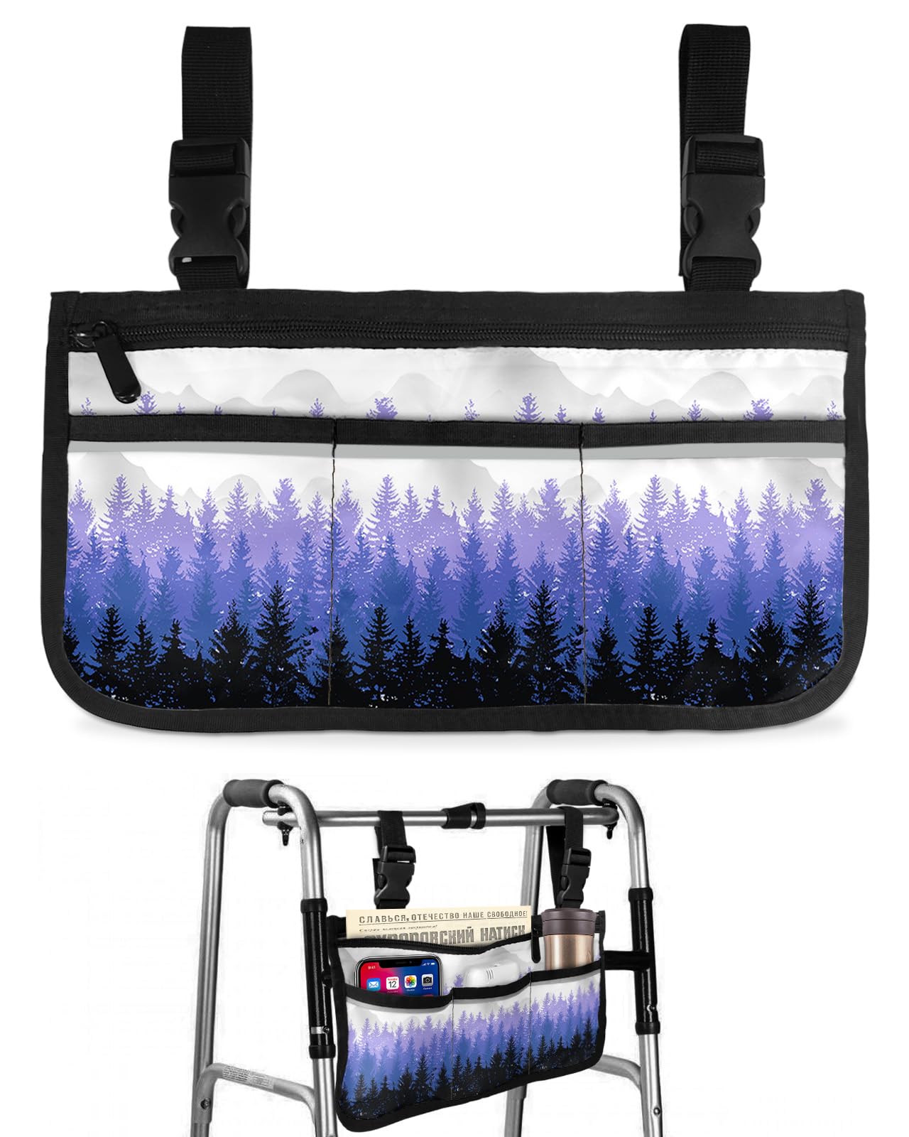 Purple Ombre Forest Wheelchair Side Bag Walker Bag, Silhouette Trees Wheelchair Accessories Armrest Pouch, Organizer Storage Bag for Walkers, Rollators, Scooters, 7.3''x13''