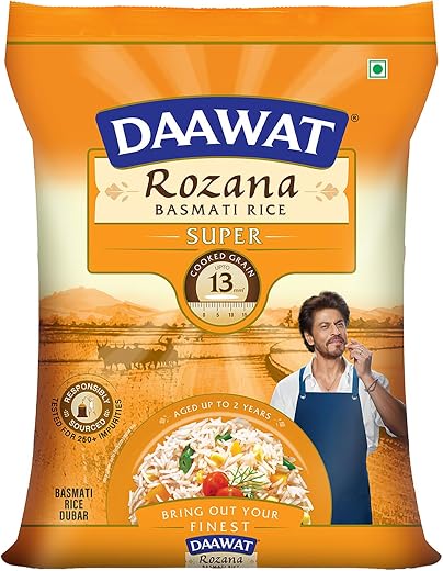 Daawat Rozana Super Basmati Rice 5Kg| For Everyday Consumption| Cooked Grain Upto 13mm*| Naturally Aged