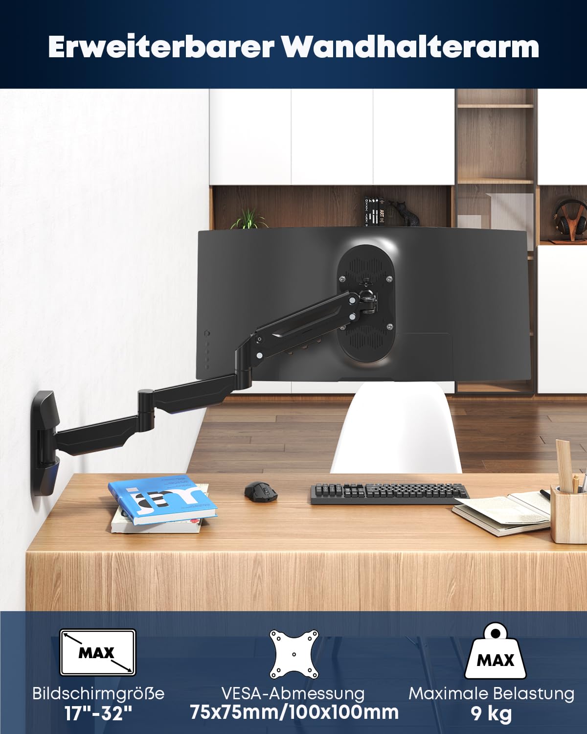 Monitor Wandhalterung Gasfeder 17–32 Zoll – Extra Langer Monitorarm 76,9 cm, schwenkbar & höhenverstellbar, VESA 75/100, bis 9 kg, Schwarz