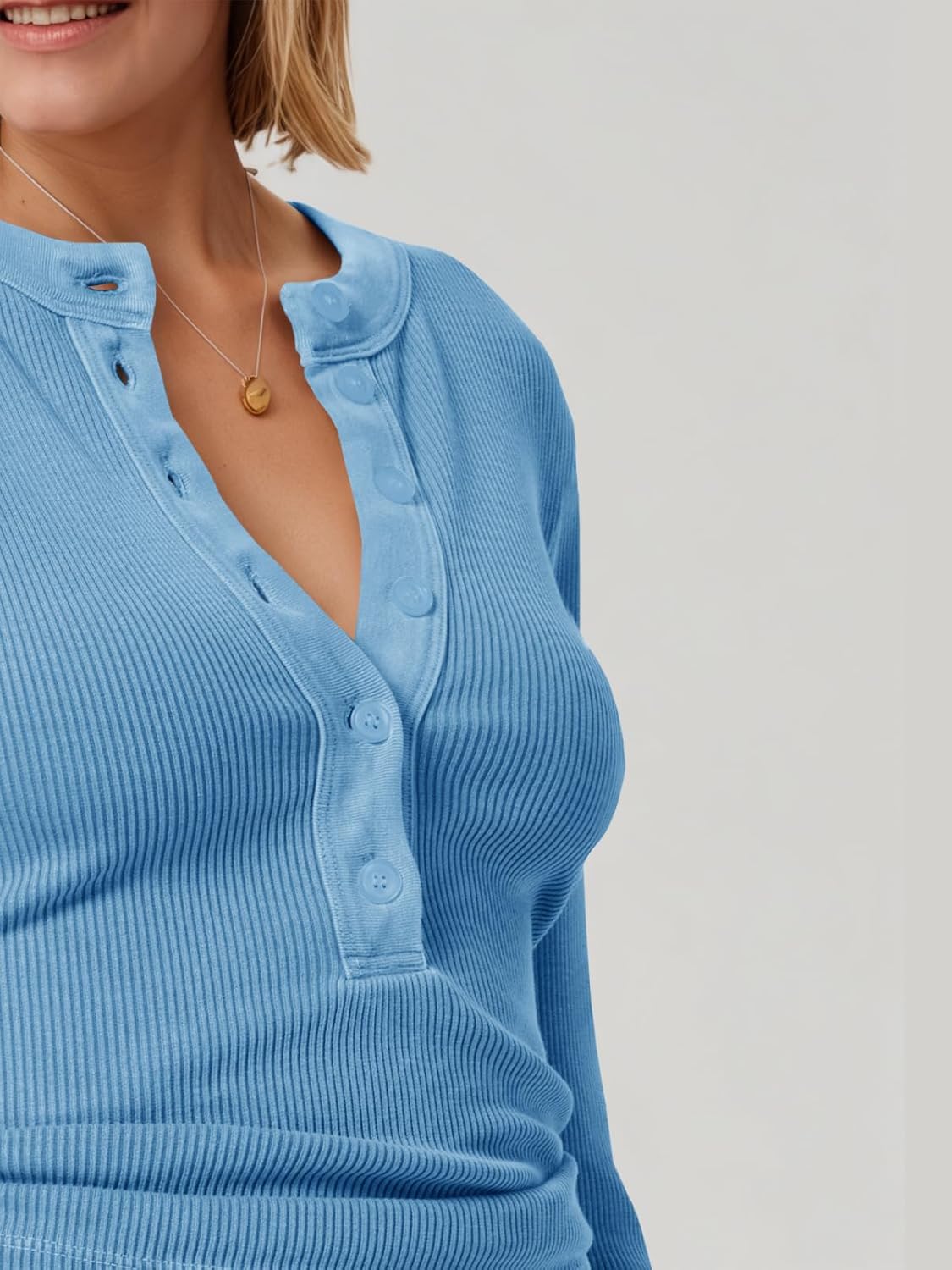 Tankaneo Womens Deep V Neck Tops Ribbed Knit Long Sleeve Henley T-Shirts Fall Slim Fit Going Out Tees - Image 6