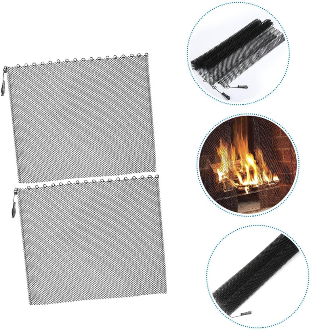 2pcs Fireplace Mesh Screen Curtains Xin Black Rust Resistant Iron Fireplace Sparks Guard Panels with Handles Heat Resistant Protective Screens