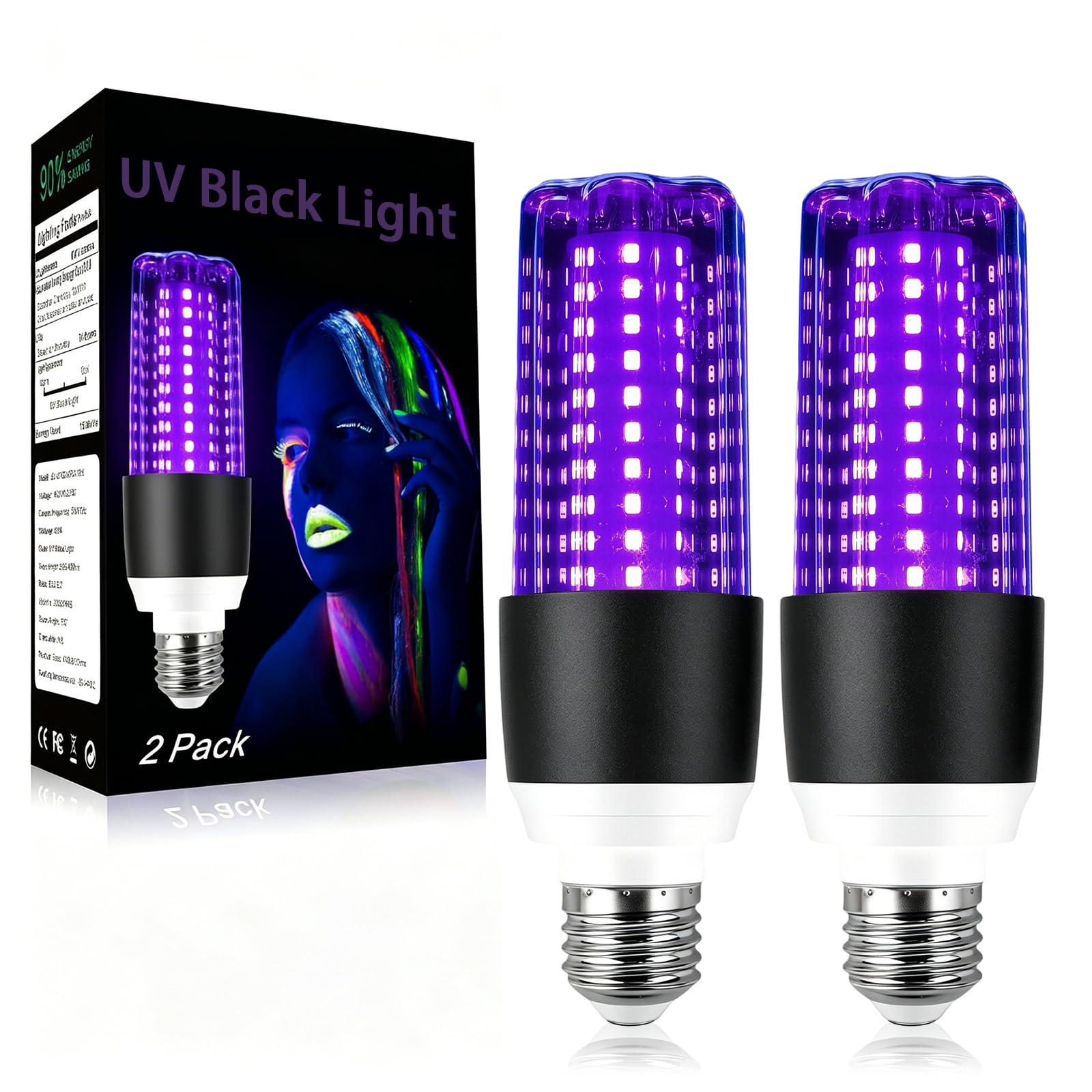 2 Stück UV Schwarzlicht Glühbirne, E27 UV Birne 15W Black Light Bulb, 395-400 nm UVA Level Schwarzlichtlampe, UV Beleuchtung für Party, Keller, Disco, Club -Schwarz
