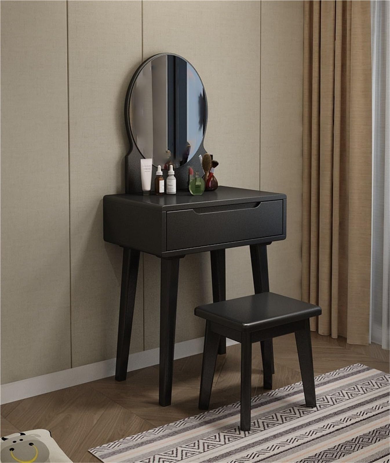 asdchZen Modern Black Vanity Set With Lighted Mirror & Stool-Small Solid Wood Dressing Table With Drawers For Women, Long-Lasting Makeup Desk,Black-60cm