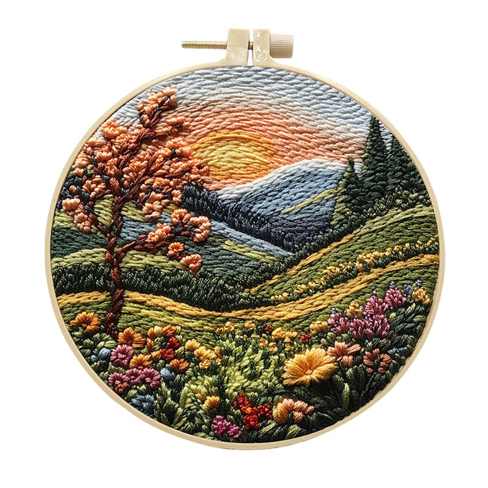 Eforcase Embroidery Starter Kit for Adult Beginner with Landscape Tree Mountain River Floral Nature Scenery Pattern Cross Stitch Hand Embroidery Set DIY Cross Stitch Kits with Hoops Needles Threads