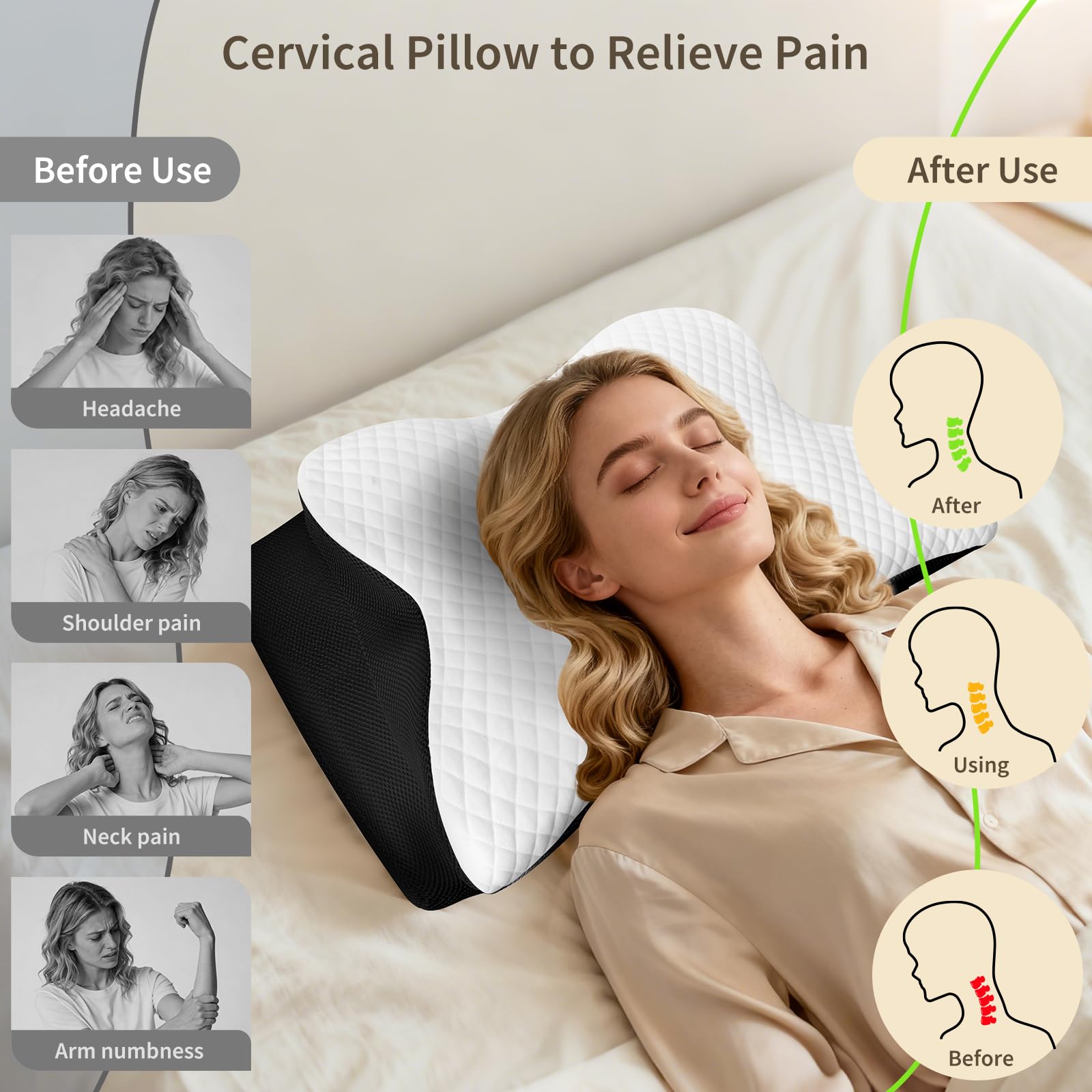 Cuscino per dolori al collo, cuscino ortopedico in memory foam, cuscino ergonomico per chi dorme sul fianco, cuscino cervicale per dorme laterale, schiena e addome, 61,7 x 37 x 13/13,6 cm