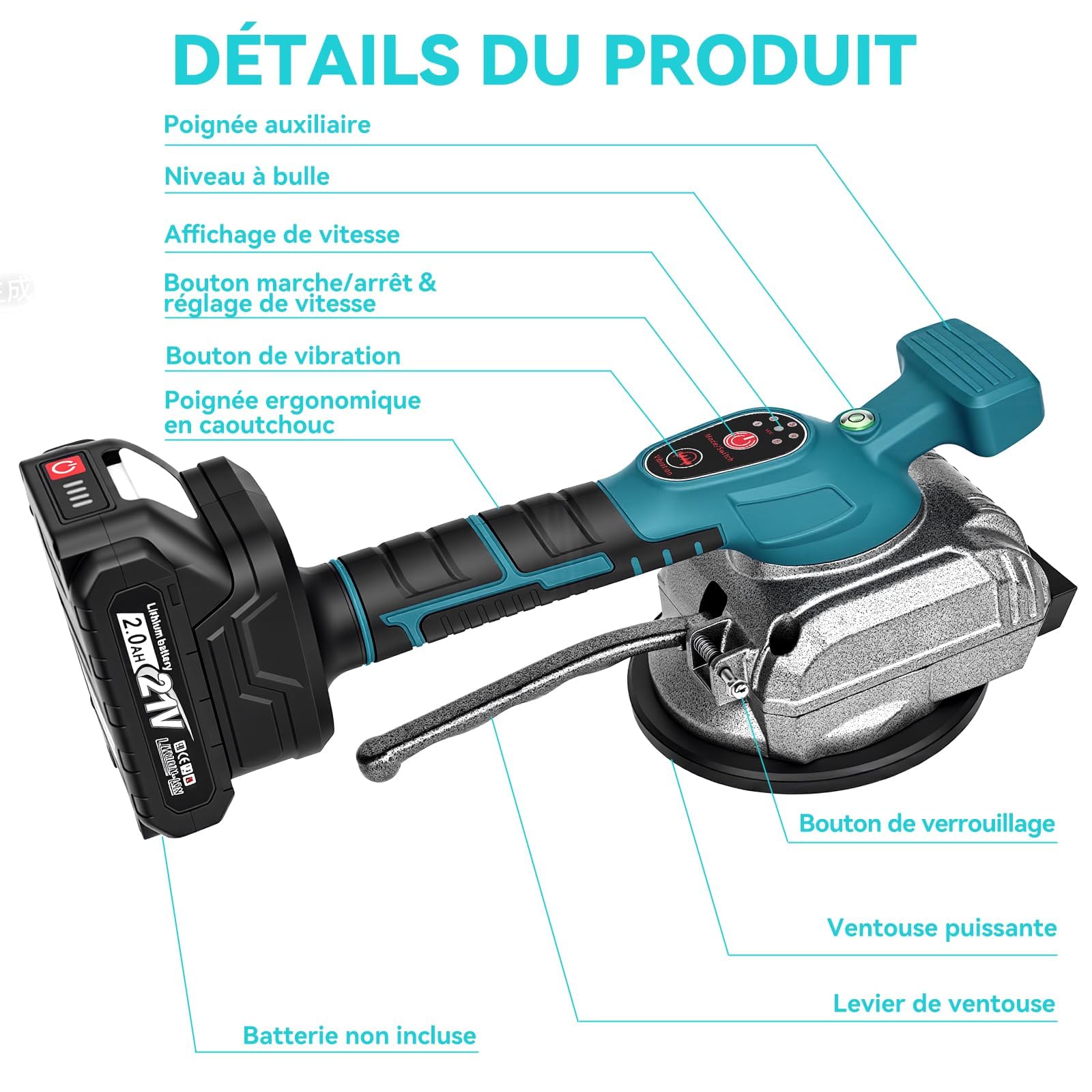 Agitatore per piastrelle con 2 batterie da 2000 mAh, dispositivo vibrante senza fili con potenza di aspirazione di 50 kg, ventosa da 125 mm, 5 velocità fino a 12000 giri/min, sollevatore per