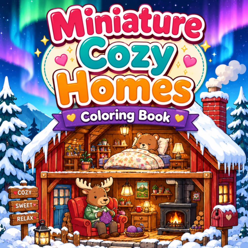 Miniature Cozy Homes Coloring Book: Snowy Cabin Rooms, Cute Woodland Animals, Tiny Houses, Warm Fireplaces and Northern Lights Coloring Pages for Kids