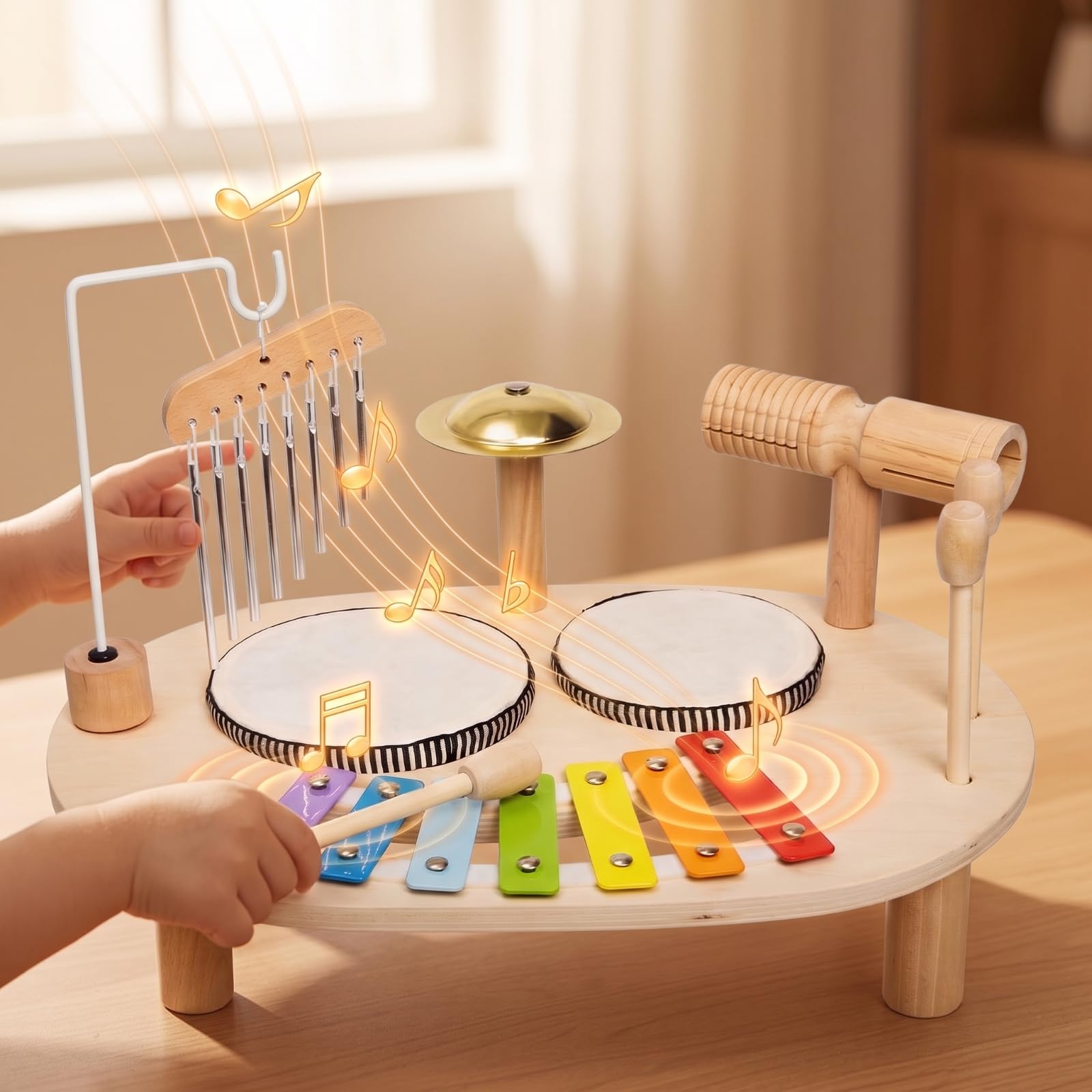 Colcolo Juguete de Percusión para Niños con Completa Base de Mesa con Llaves Metálicas Coloridas Tambores Platillo y Bloque Incluye Mazos Madera y Metal