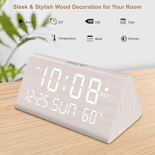 Miniatura 6 de DreamSky Digital Alarm Clocks for Bedrooms - Wooden Electric Clock for Living Room Decor, USB Charging Ports, Date, Weekday, Temperature, Dimmer,