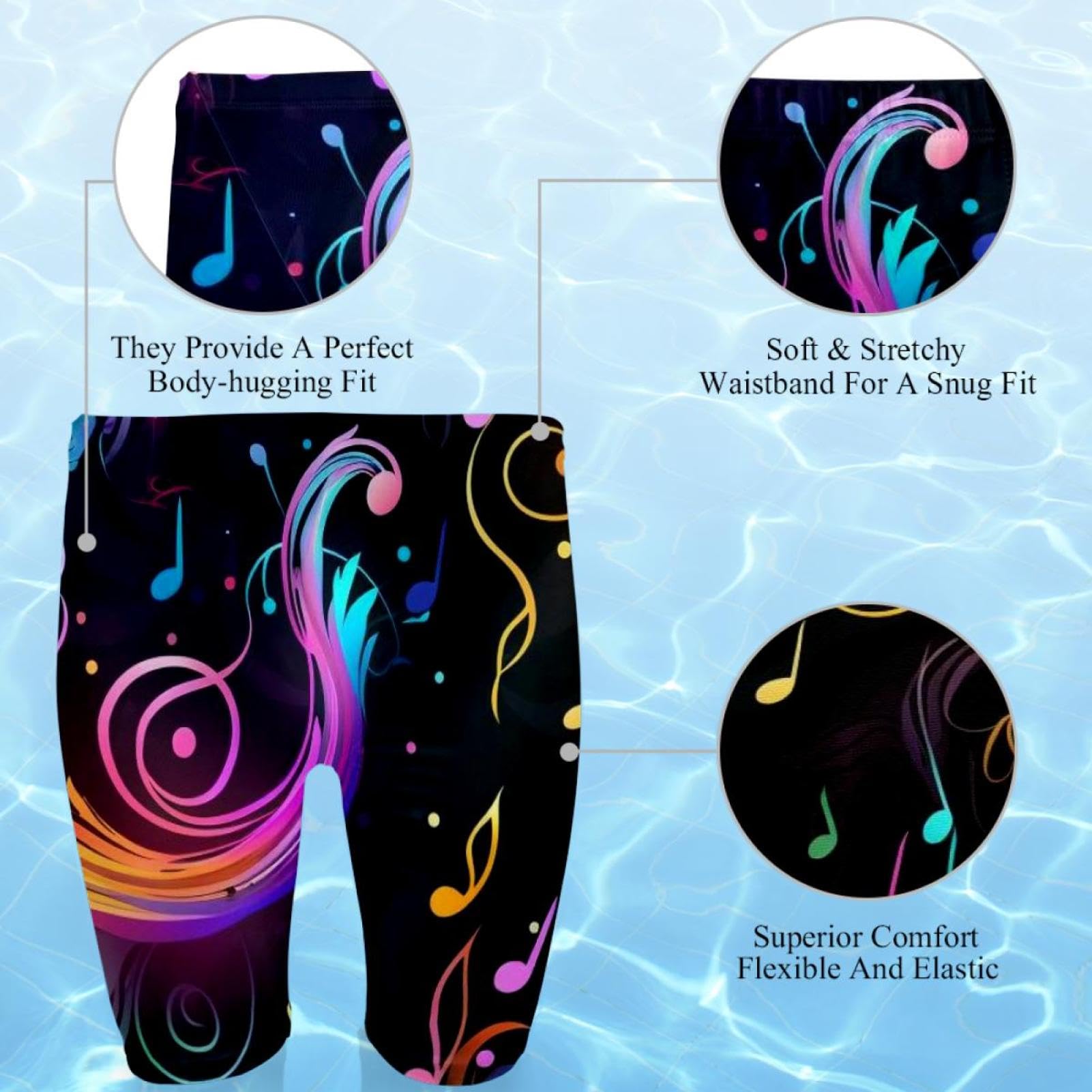 Colorful Music Notes Swimsuit for Men & Boys,Competition Lap Swim Suit, Square Leg Endurance Training