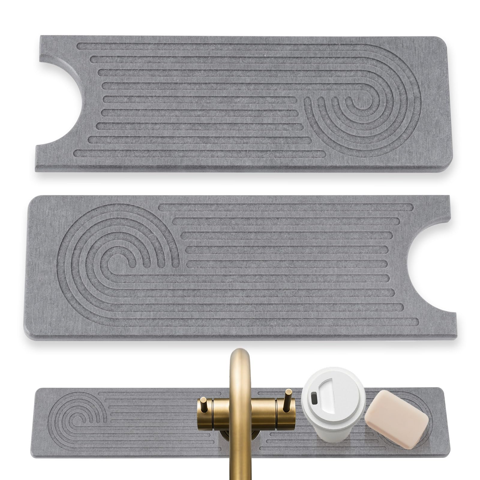 Fatiya Grey Stone Faucet Mat for Kitchen Sink, Quick Drying Stone Tap Mat, Diatomite Absorbent Faucet Pad, Quick Dry Sink Splash Guard Countertop Protector for Bathroom