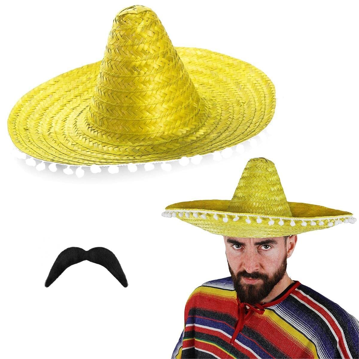I LOVE FANCY DRESS Sombrero Accessory Set - Pack of 48 - Yellow Sombrero with White Pom Poms and Mexican Moustache - Accessories for Fiesta Party Unisex