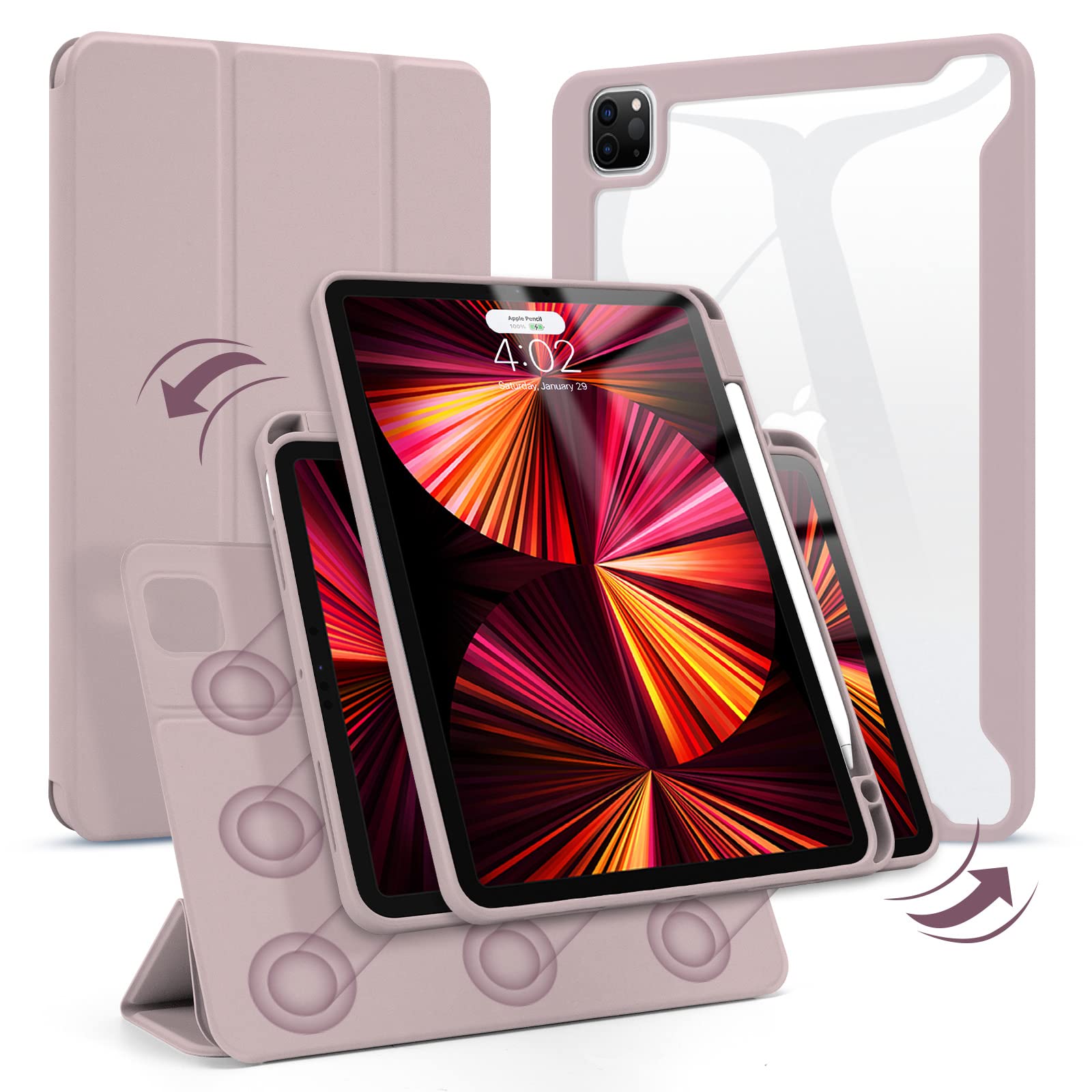 iPad   Pro   11   Inch   Case  2022/2021/2020(4th/3th/2rd Gen)  with   Pencil  Holder Detachable Transparent Hard Shell Back Cover Smart Trifold Folio Auto Sleep/Wake (Light Purple/Pink)