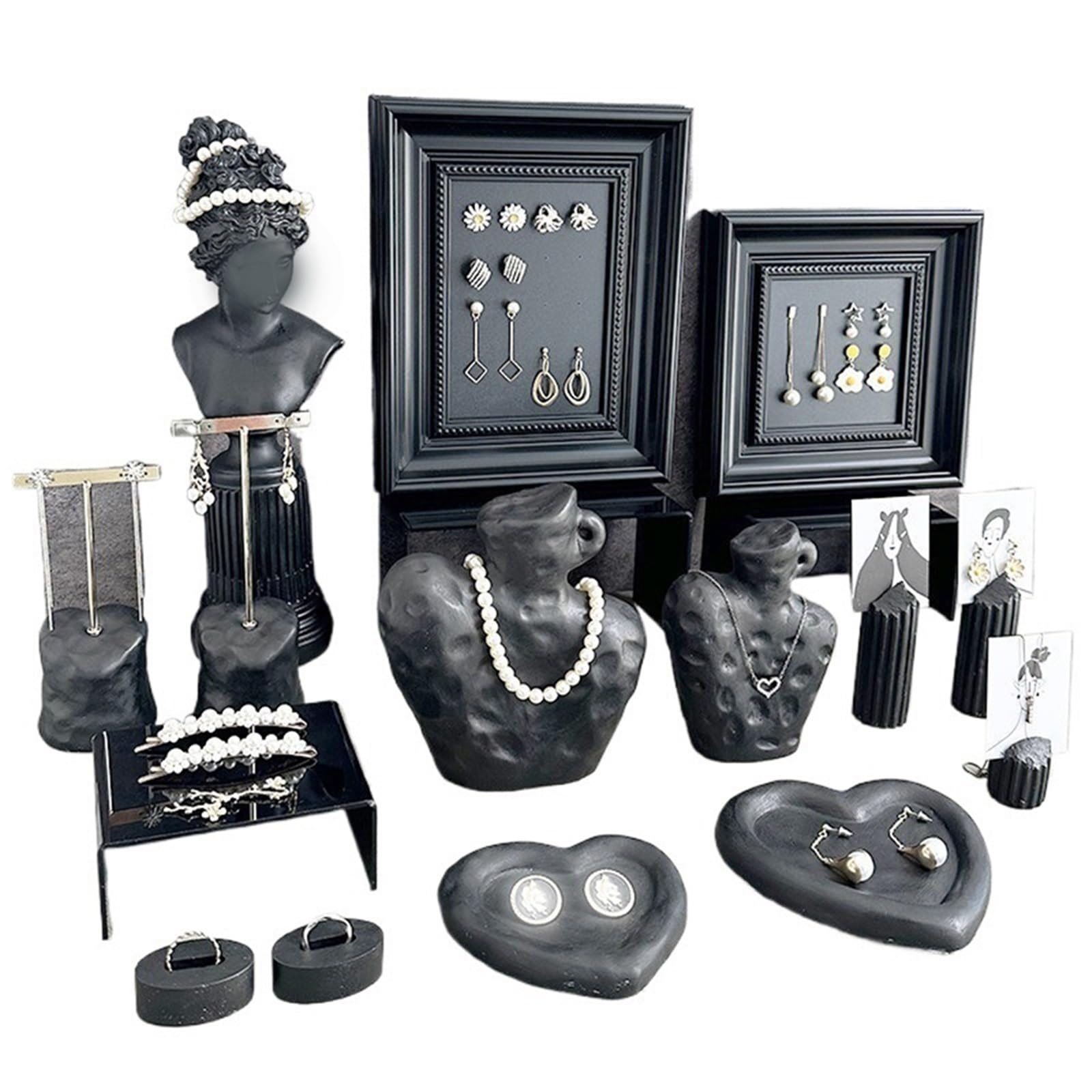 FAJNUZI2024 Jewellery Display Stand Black Plaster Jewelry Display Set Frames & Trays For Necklace Earring Ring Storage(Large)