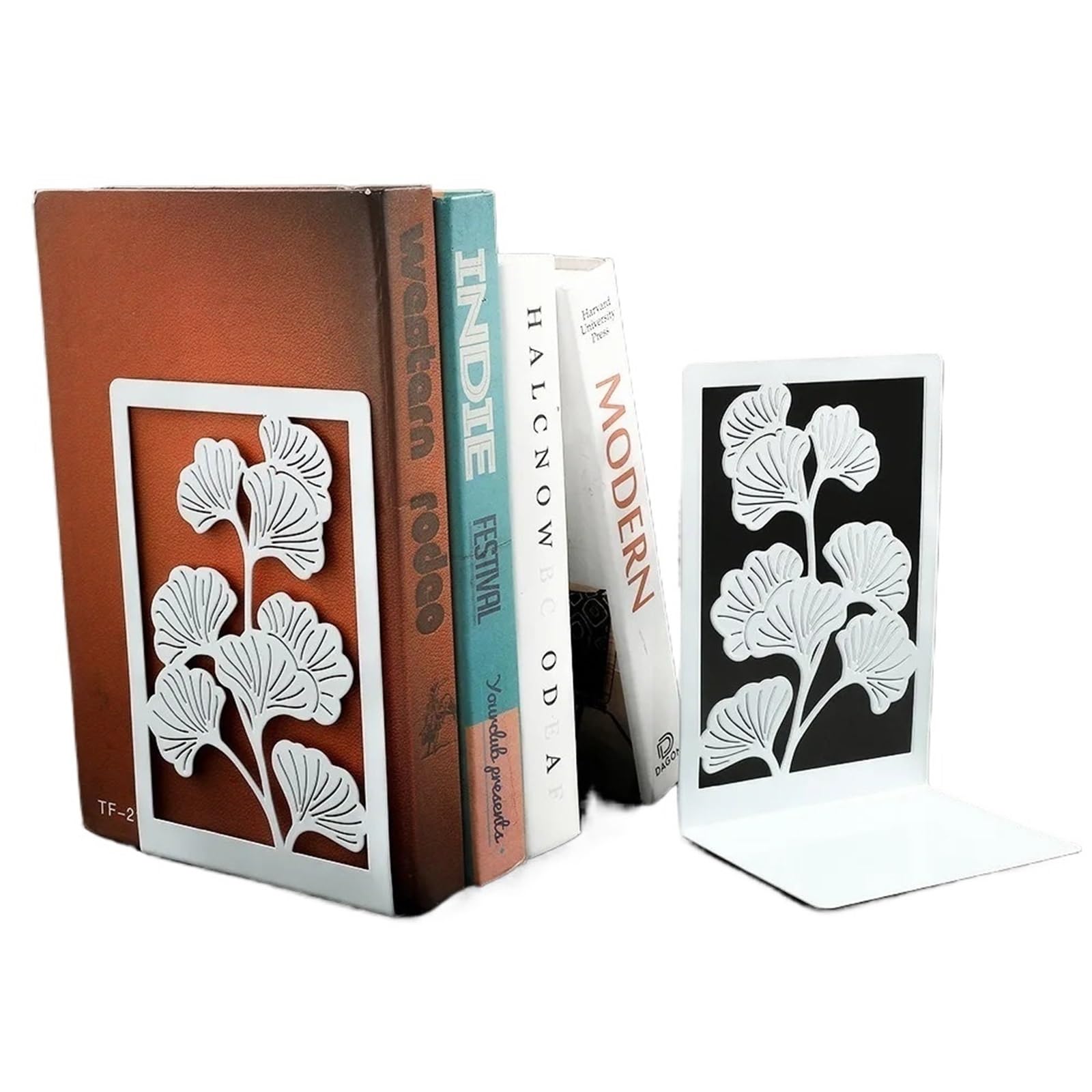 Bookends 1Pair Office Supplies Metal Ginkgo Leaf Bookends Stylish Bring Luck Book Rack Bookshelf Desktop(White)