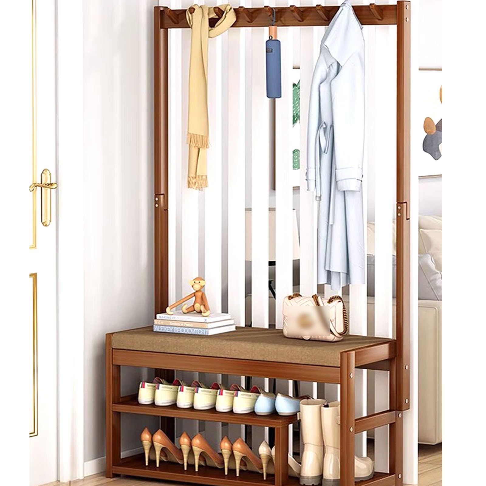 Portemanteau d'entrée en bois avec armoire de rangement intégrée et 9 crochets