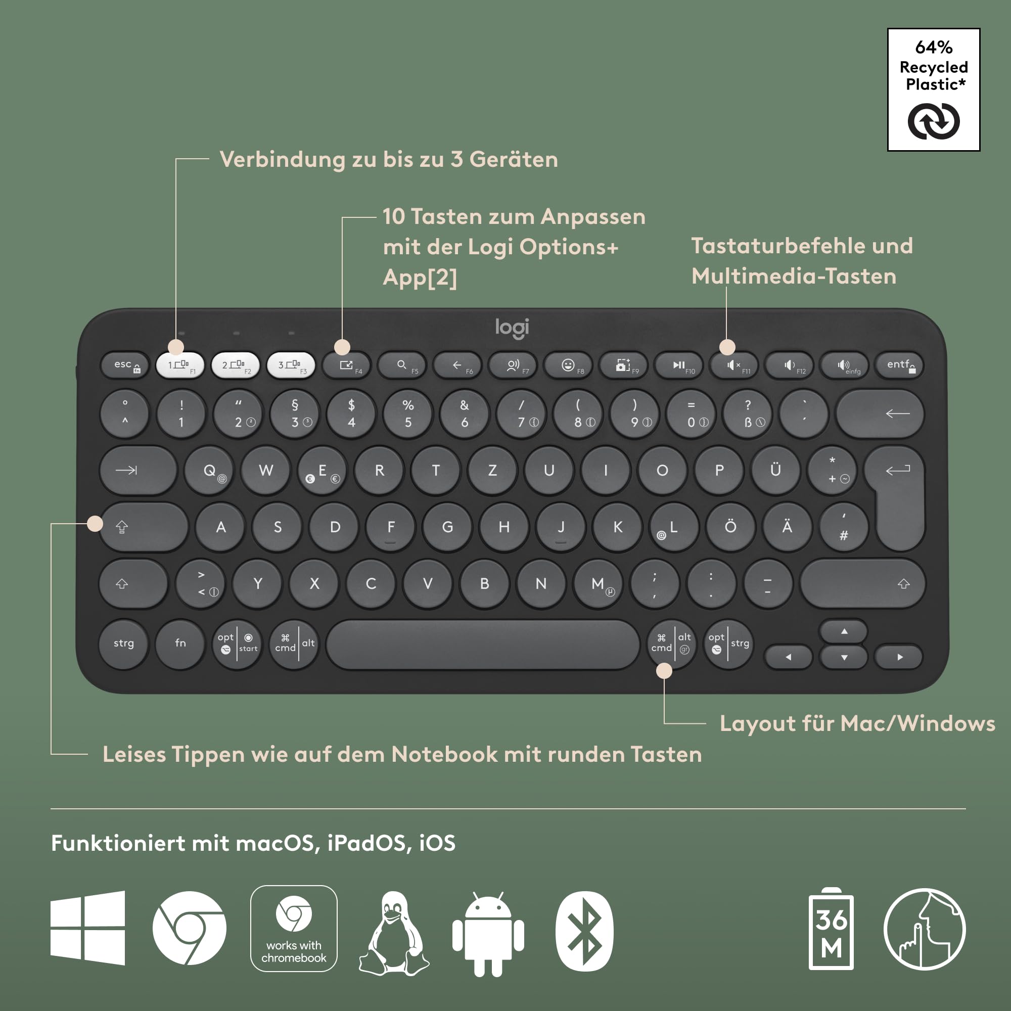 Logitech Pebble Keys 2 K380s, kabellose Multi-Device Bluetooth-Tastatur mit anpassbaren Sondertasten, schlank, mobil, Easy-Switch - Windows, macOS, iPadOS, Android, ChromeOS, Deutsches QWERTZ-Graphit