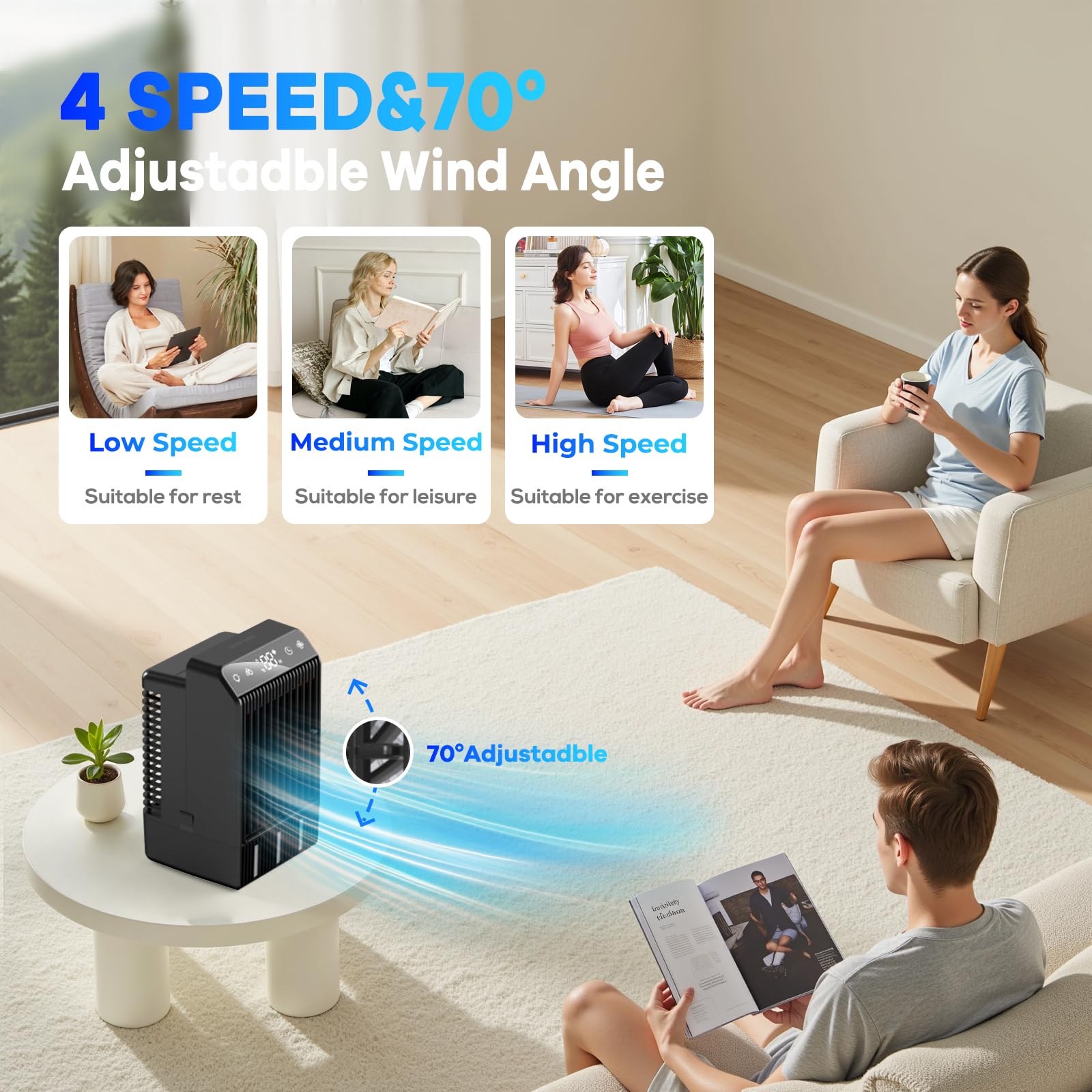 Portable Air Conditioners, Evaporative Mini Room Air Conditioner Cooling Fan, 2~12H Timer, AC Unit Air Cooler with 1000ML Water Tank, AC Portable for Room, Office, Car (Black) - 4
