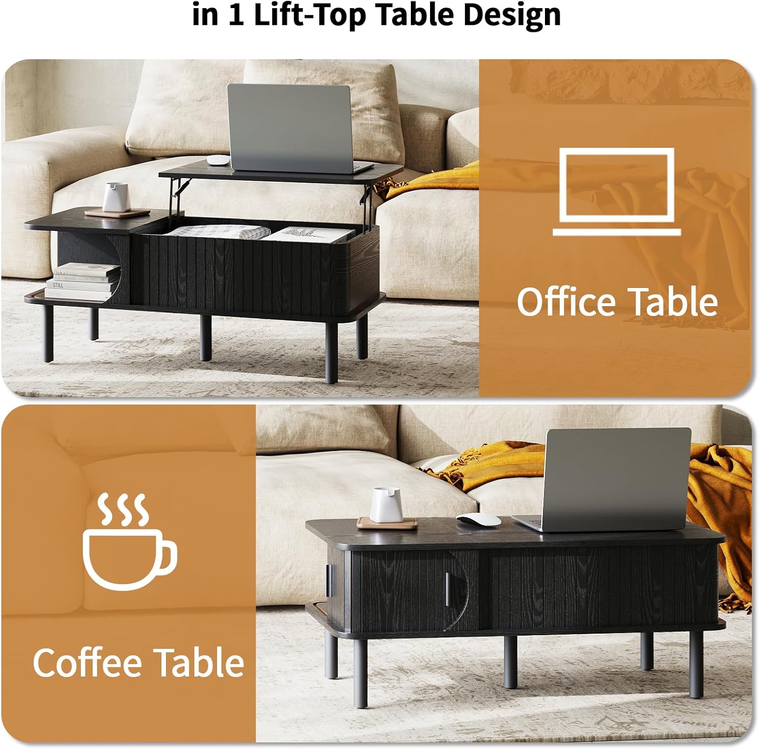2-in-1 Lift Top Coffee Table with Sliding Door & Hidden Storage, Mid-Century Modern Oval Center Table, Safe Round Corner Design for Small Living Room and Apartment (Black)
