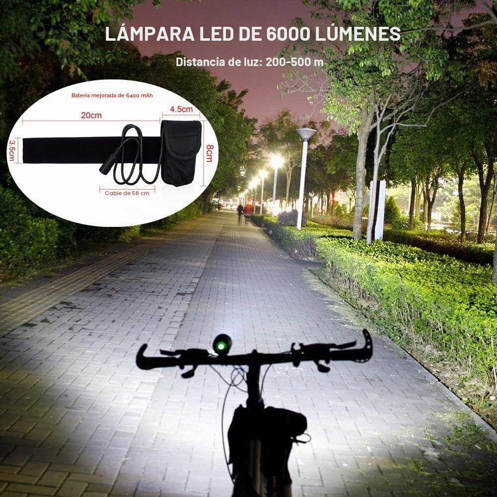 WASAGA - Luces de Bicicleta de 6000 lúmenes 5 LED, luz Delantera de Bicicleta de montaña Impermeable con batería Recargable de 6400 mAh, Faro Delantero de 3 Modos