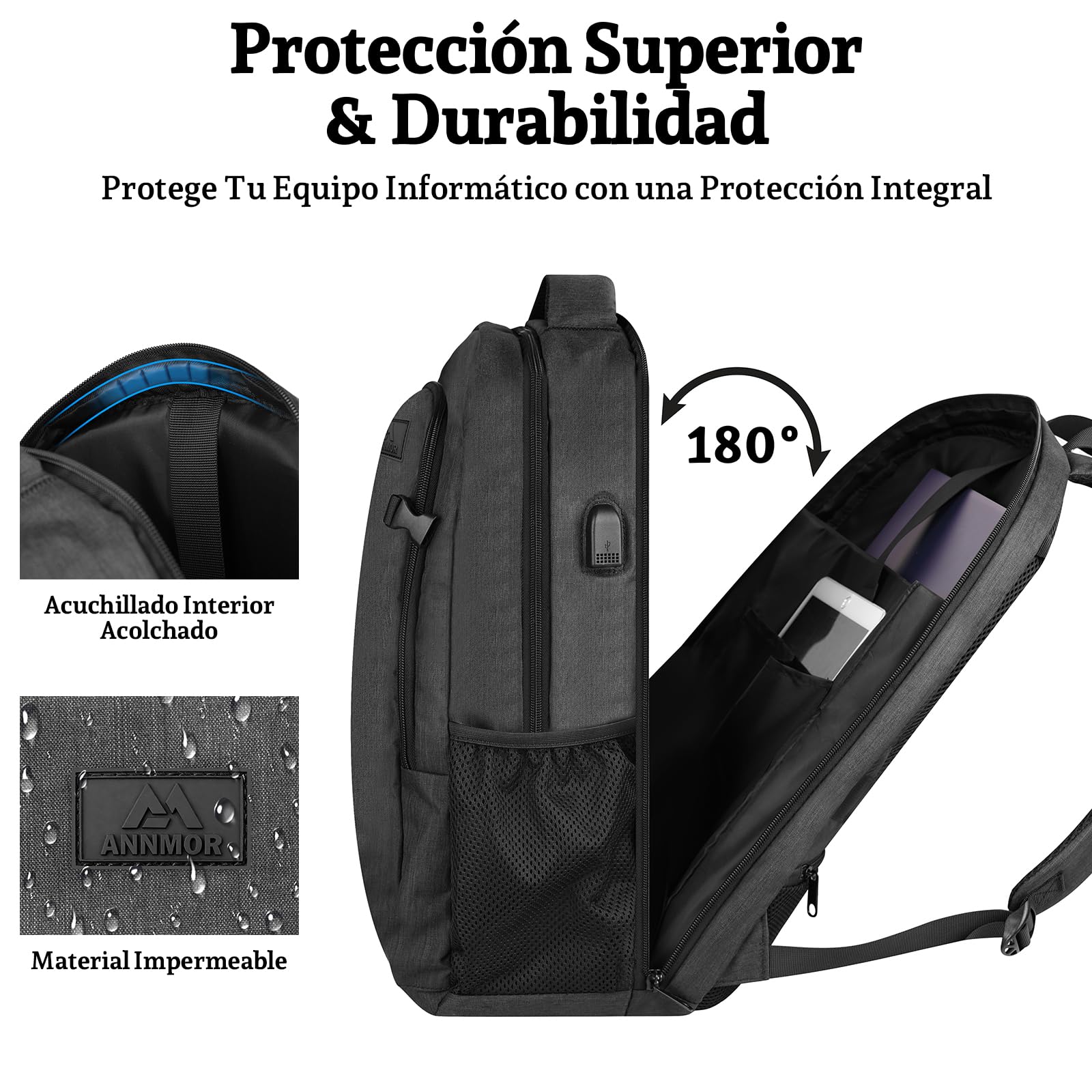 Mochila Portátil, 15,6-17,3" Mochila Ordenador Portatil, Mochila Hombre Trabajo con Puerto USB para Trabajo Viaje Escolares - Negro
