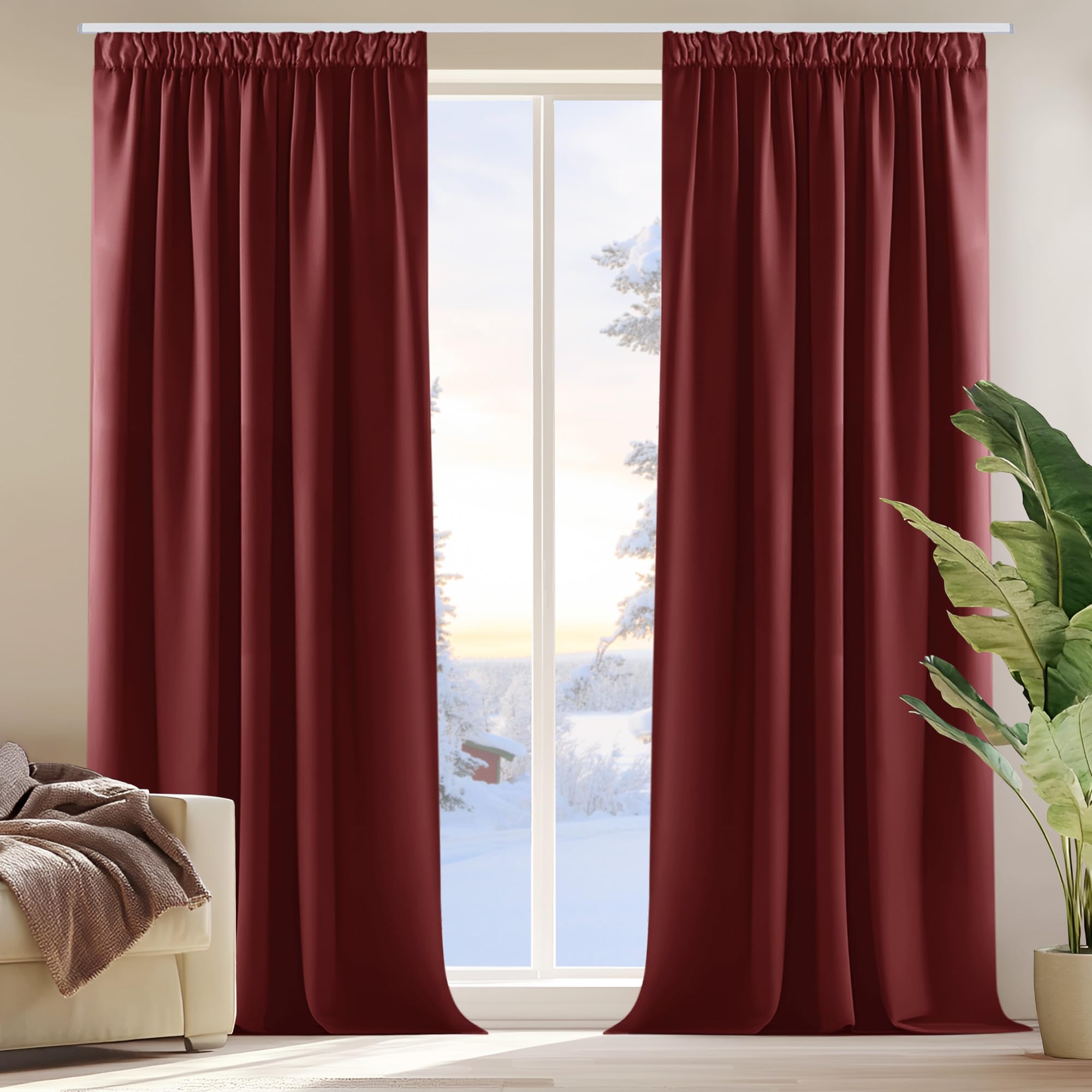 Deconovo Gardinen Blickdicht Dicke Vorhänge Verdunkelungsvorhang Kräuselband Fensterdeko Gardinen, 175x140 cm(HöhexBreite), Rot, 2er Set