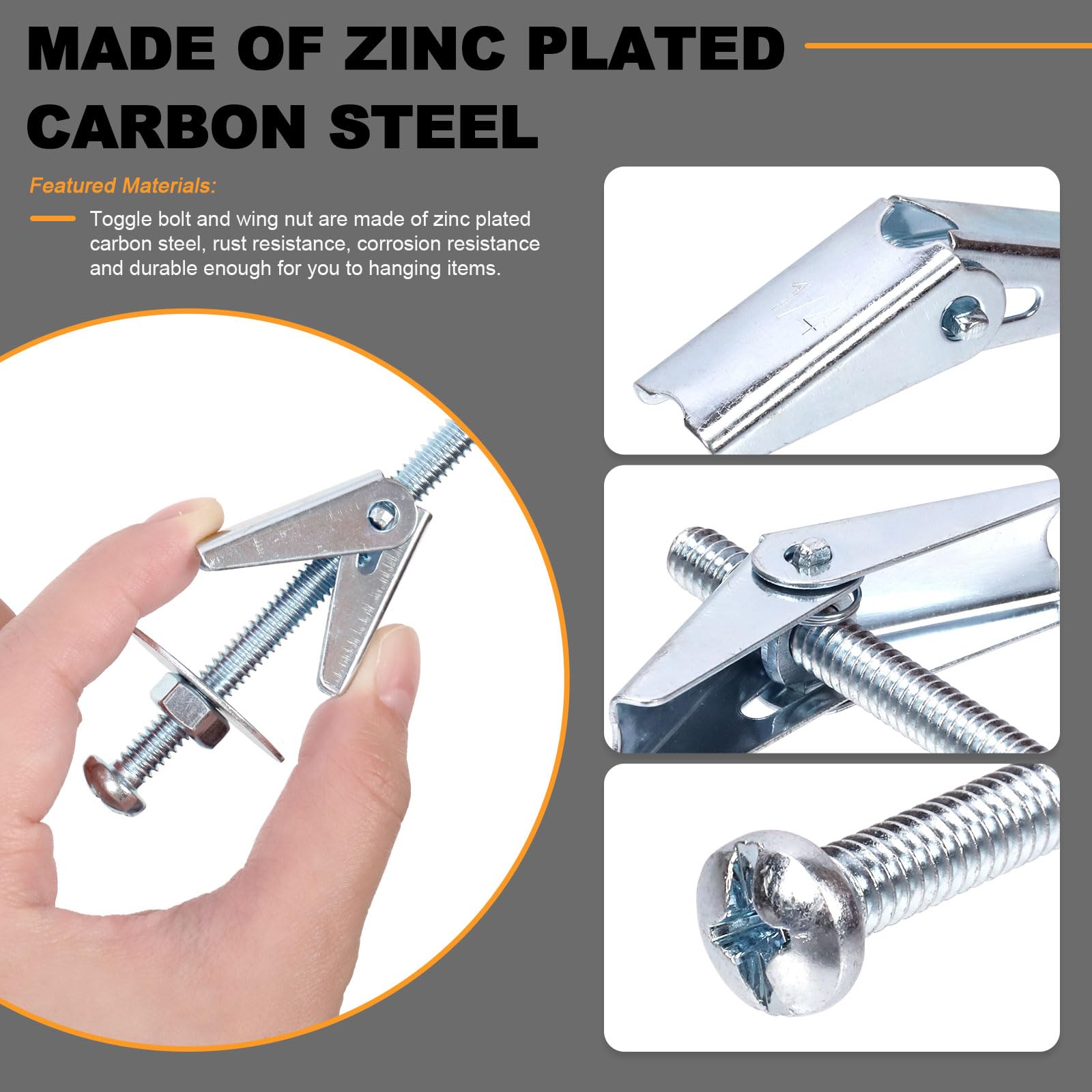 Tanstic 30 Sets 1/8 Inch Toggle Bolt and Wing Nut Assortment Kit, Butterfly Toggle Anchors with Wing Nuts, Hex Nuts, Washers - Image 4