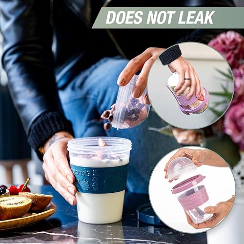 Miniatura 5 de On The Go - Tazas de yogur de cereales con tapas y cuchara, recipiente de avena durante la noche, tarro de leche de plástico reutilizable para