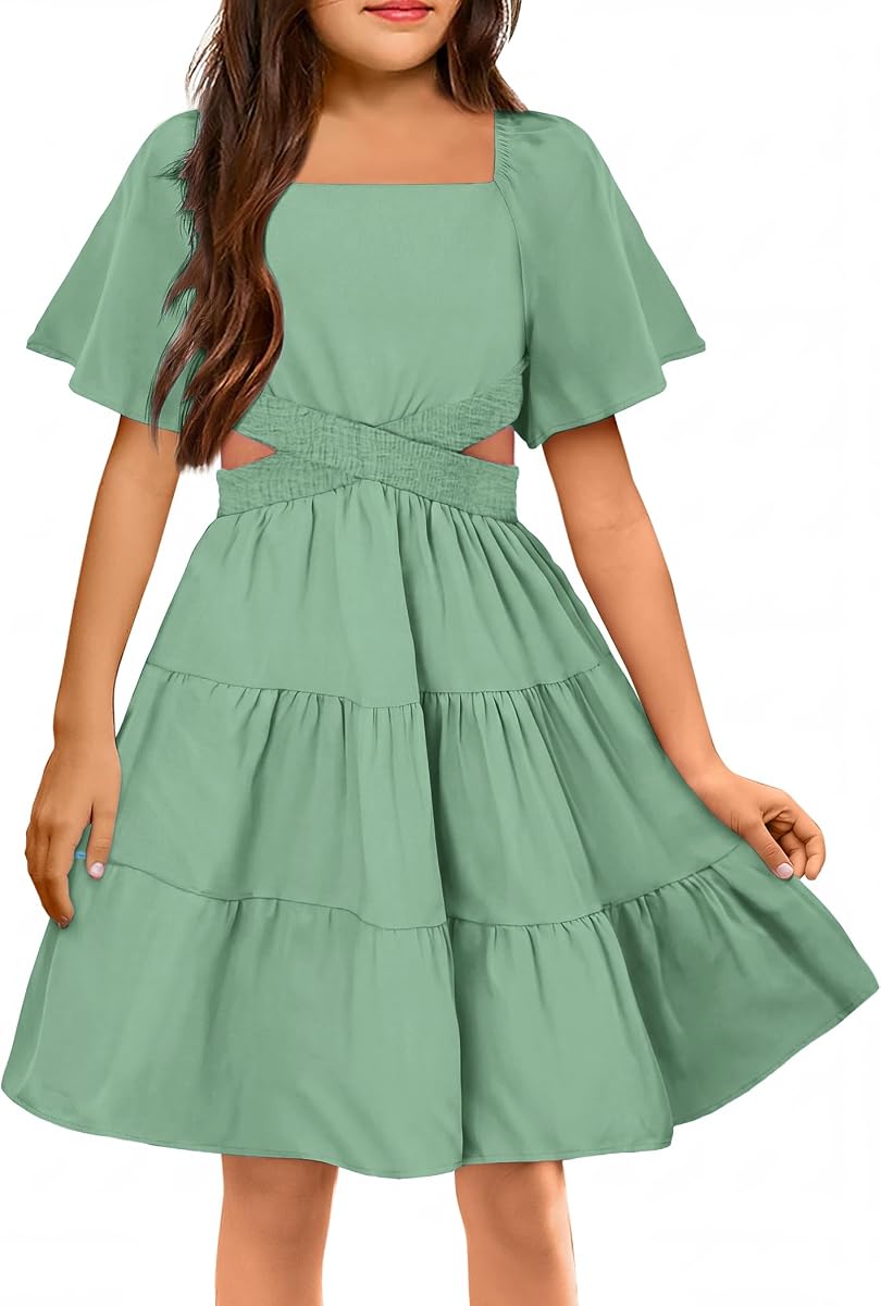 Arshiner Vestidos para niñas con cuello cuadrado recortado y fruncido para fiesta lindo vestido de interpolación