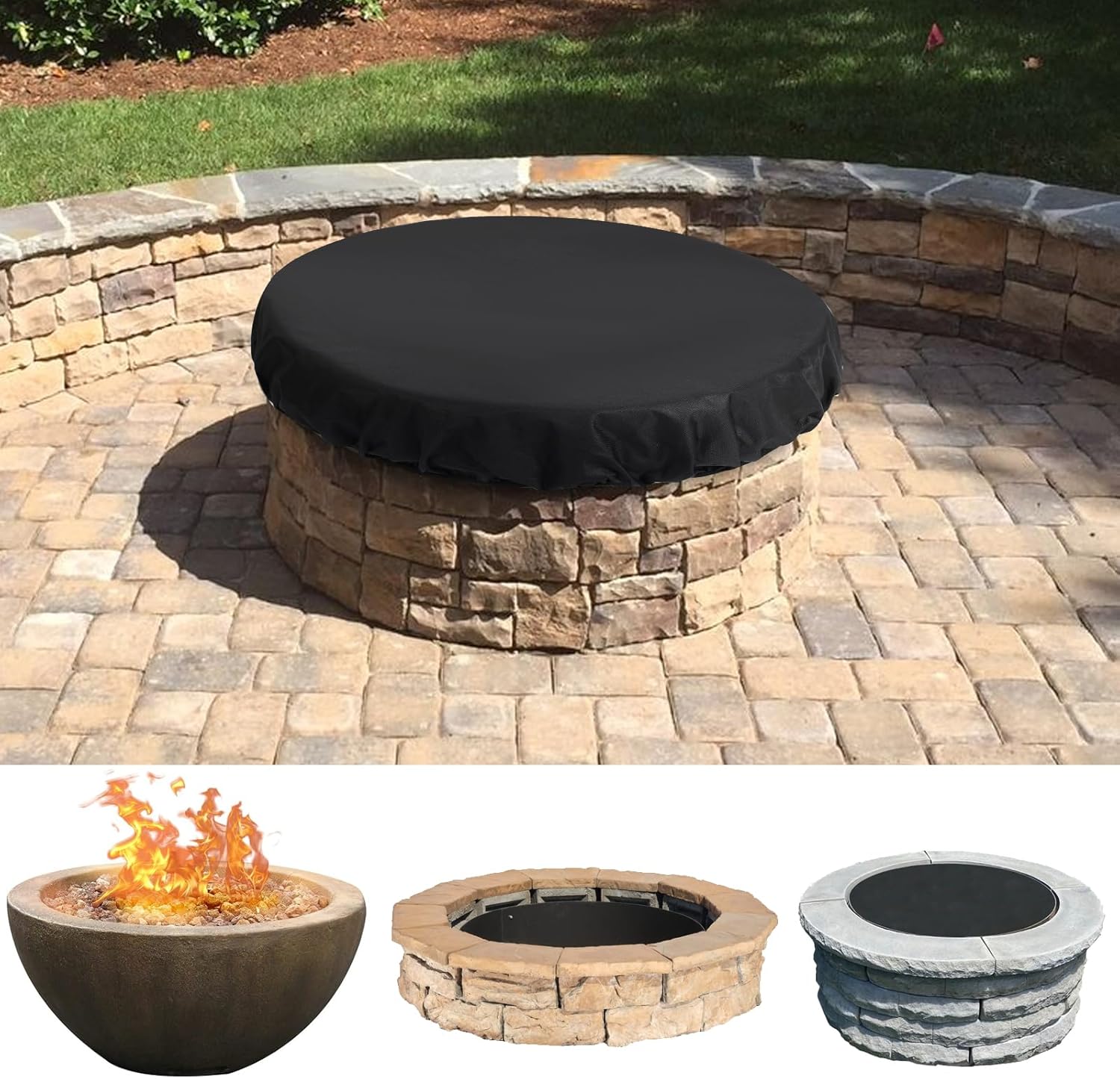 32/40/56in Black Fire Pit Cover Round, Waterproof 600D Oxford Fabric for Snow, Rain, Wind and Sun Weather, Easy to Install and Store Outdoor Patio Built In Firepit Cover (56in-black)
