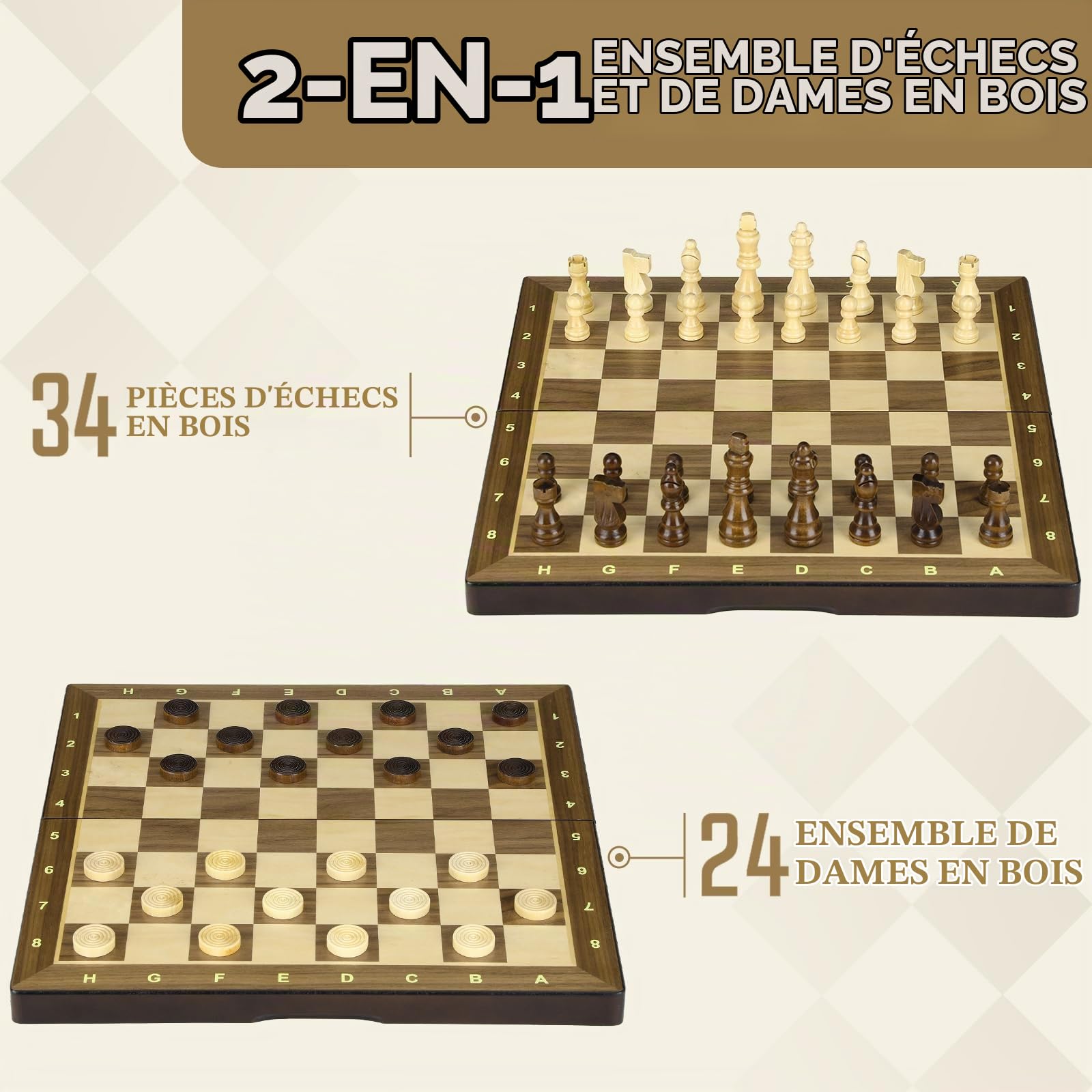 Peradix Jeu D'échecs et Dames 2 en 1, Echecs en Bois et de Dames, Jeu d'Echiquier Magnetique, Portable Chess Board de Voyage 38CM,Pieces Aimanté Echecier pour Enfants et Adultes