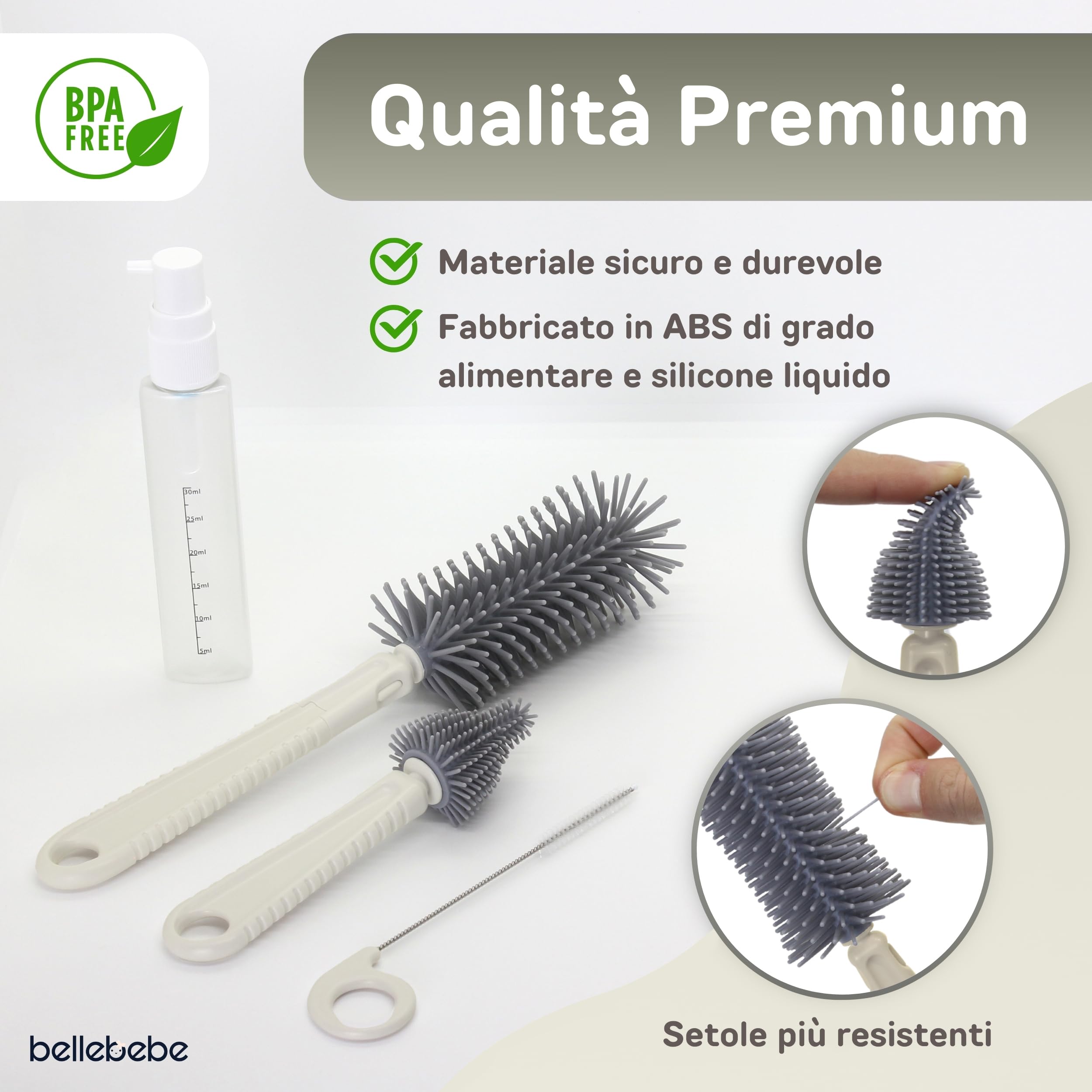 BELLEBEBE Set Escurre Biberones con Limpia Biberones - 6 en 1 Kit Cepillo con Escurre Plegable - Portátil - Transportable - Regalo para Bebé - SIN BPA - Beige