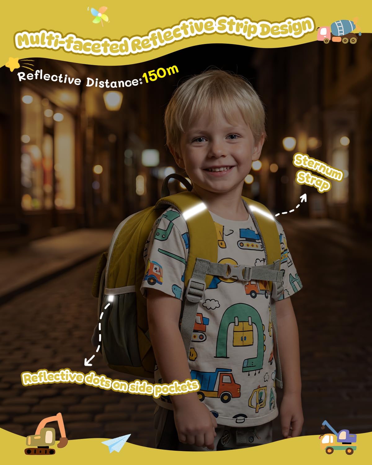 PROTAURI Mochila Infantil con Correa Pectoral Reflectante, Mochila Guardería Niño Ligera e Impermeable, Mochila Bebé Guardería con Motivo 3D Excavadora para 2-5 Años, 9.6L, Verde