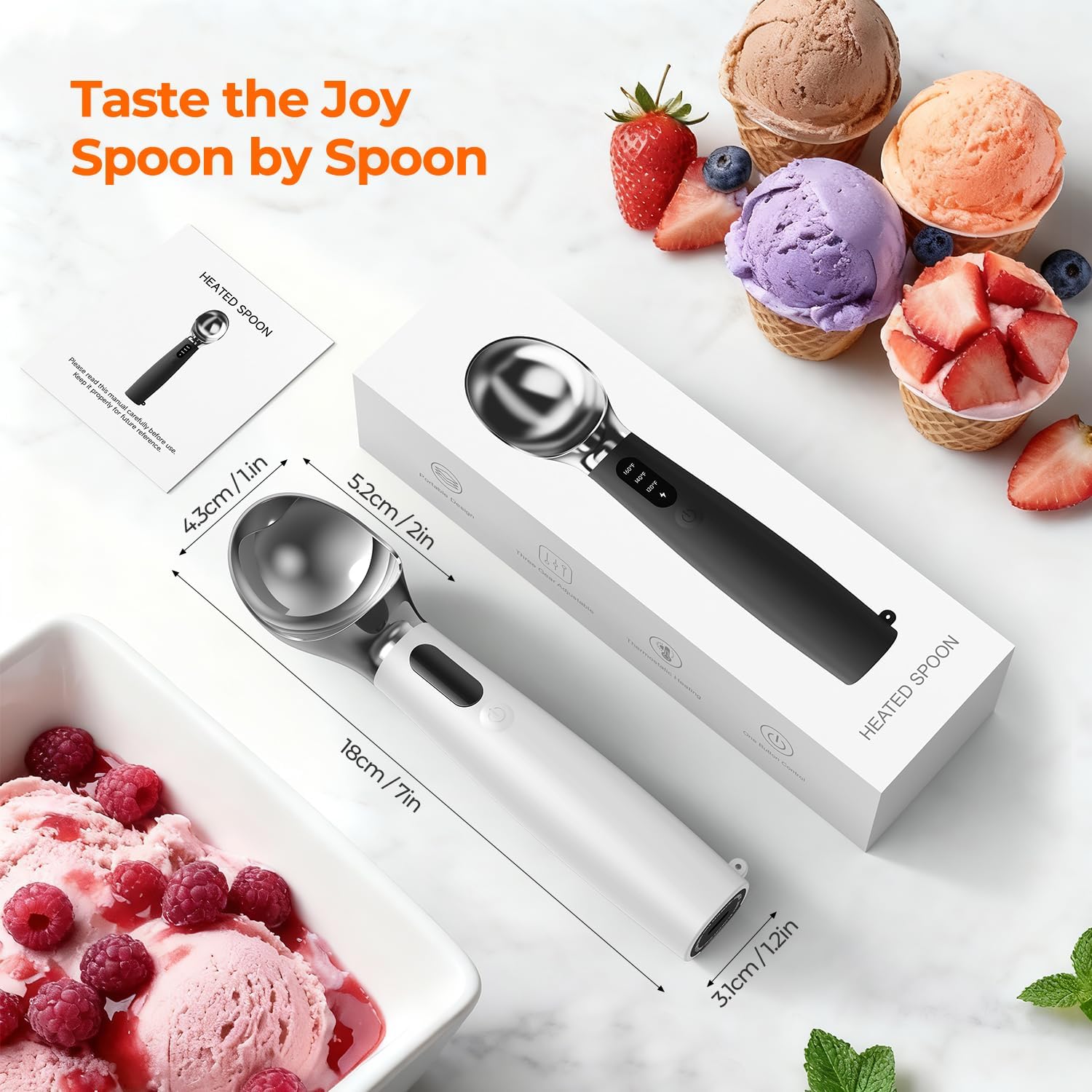 Heated Ice Cream Scoop Rechargeable, 3-Speed Electric Warming Ice Cream Scooper with LED Display, Heats to 160°F for Hard Ice Cream and More, Easy for Seniors & Kids, IP67 Waterproof, Easy to Clean