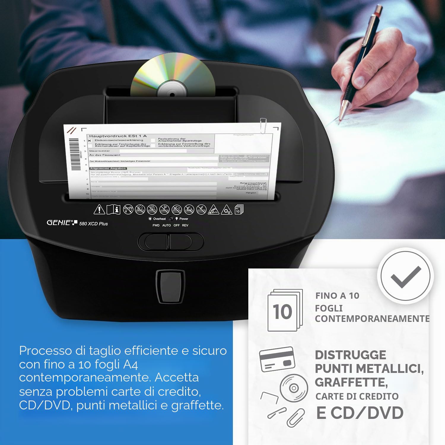 GENIE 12218 580 XCD PLUS Distruggidocumenti, Taglio Trasversale, Capacità 10 Fogli, Distruggi CD, Contenitore da 21 litri, Livello di Sicurezza P4, Nero