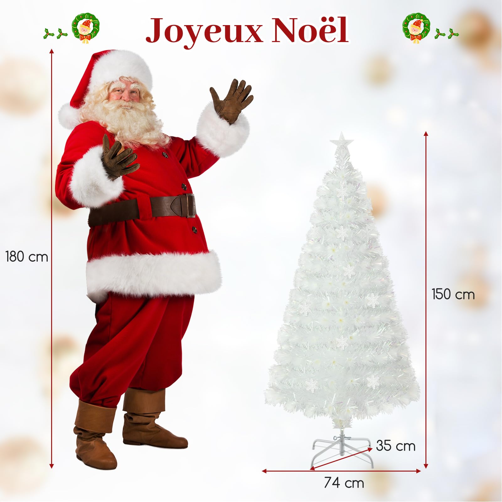 GYMAX Sapin de Noël Artificiel 150cm Lumineux LED, 24 Flocons de Neige de Lumières Multicolores, 170 Branches Blanches en Fibres Optiques, Support en Métal, pour Maison Magasin École Bureau