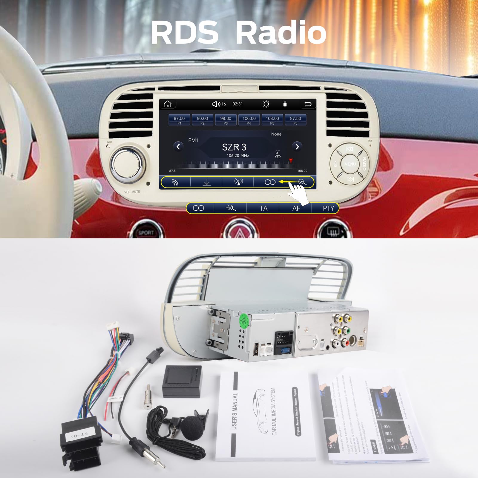 Autoradio Linux Avvio Lampo Compatibile 500 2007-2015 Fiat | Installazione Rapida | CarPlay/Android Auto Wireless/Bluetooth/FM/AM/RDS/USB | DSP 100W | Bianco