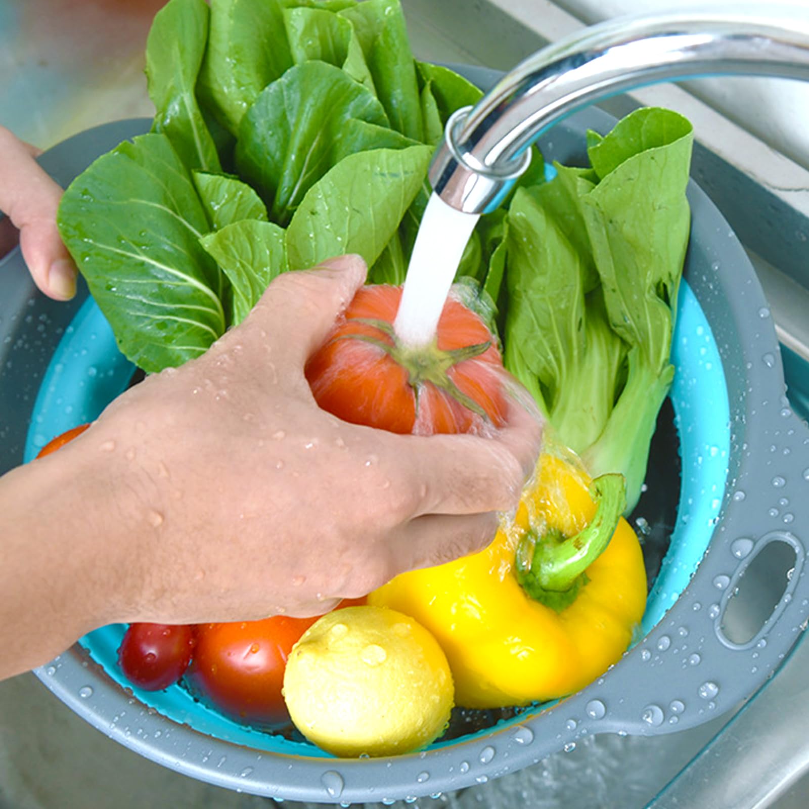 Paquete de 3 coladores con asas, coladores redondos plegables de 3 tamaños para drenar pasta, verduras y frutas, cesta de drenaje plegable para cocina y uso de viaje