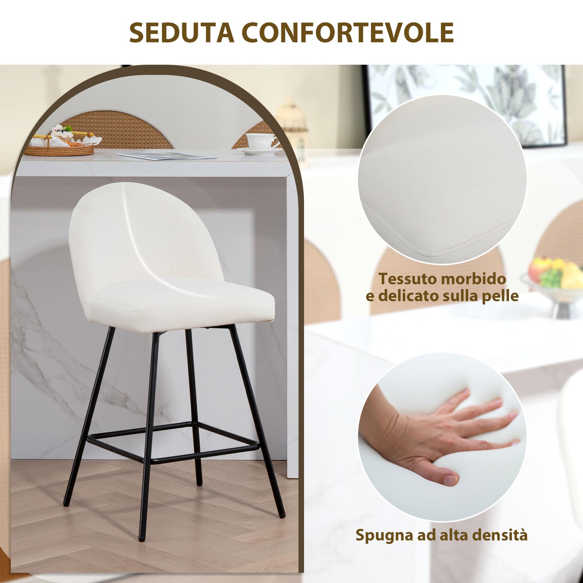HOMCOM Set 2 Sgabelli da Bar con Poggiapiedi, Sedie Alte con Schienale in Velluto per Bancone Bar e Isola da Cucina, 48.5x56x92 cm, Bianco Crema