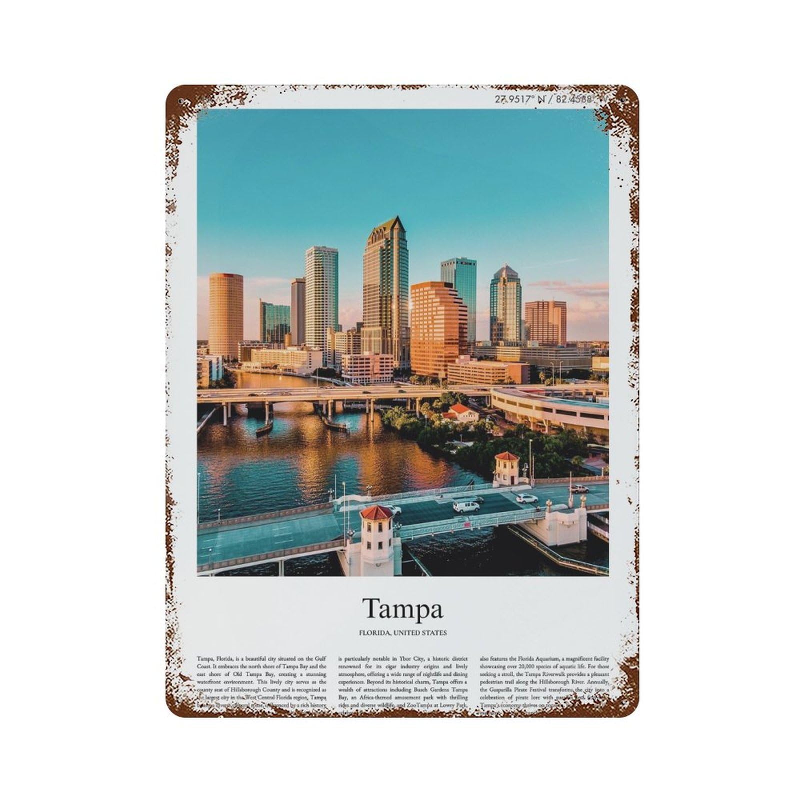 xiaoxiaoshen Tampa Florida, United States, USA City Scenery Wall Decor Art Metal Tin Poster Modern Home Decor Art Home Bar Shop Decorations Vintage Sign 40x30cm