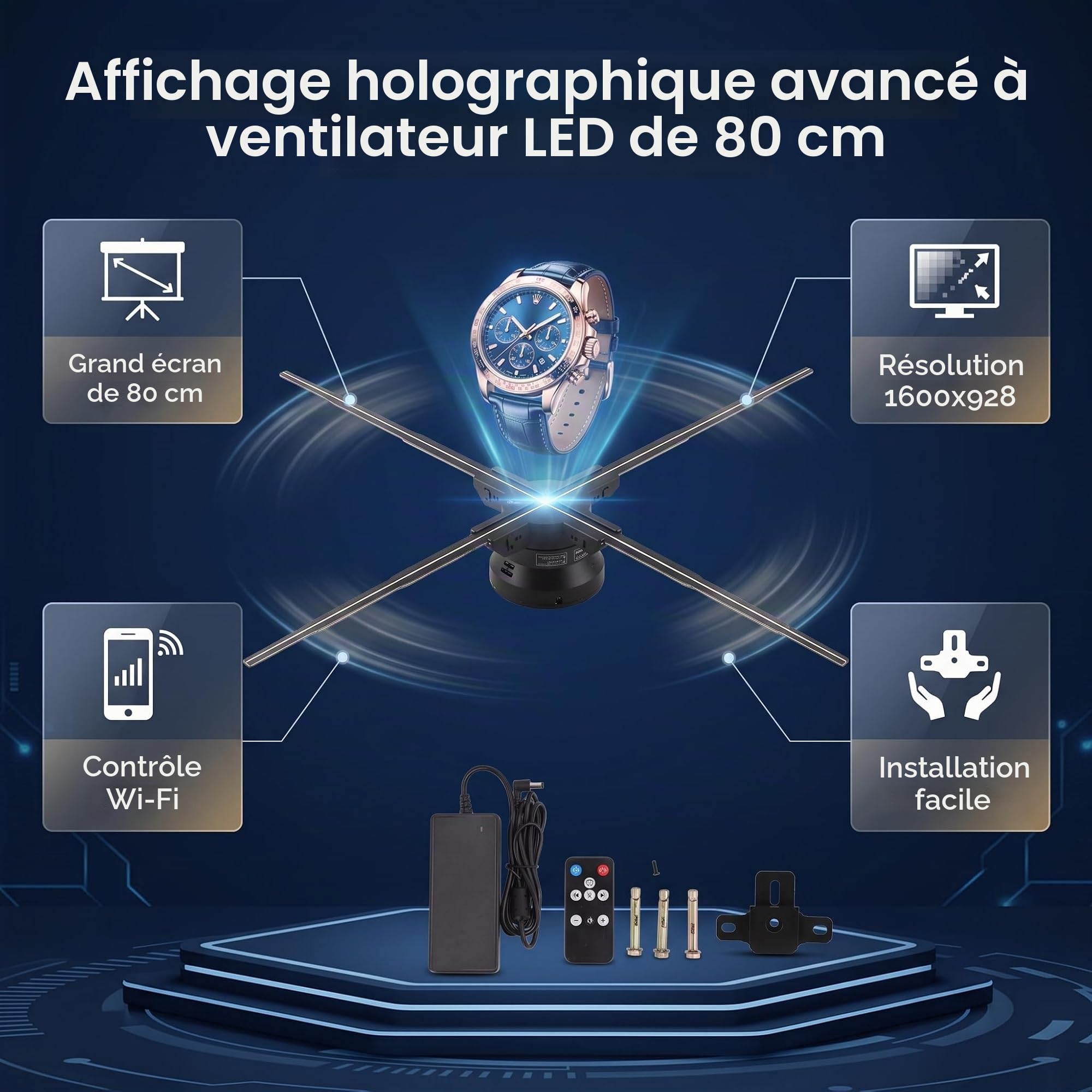Ventilateur Hologramme 3D 80 cm 928 LED Projecteur Holographique Haute Résolution 1600x928 WiFi Application Mobile Publicité Magasin Événement