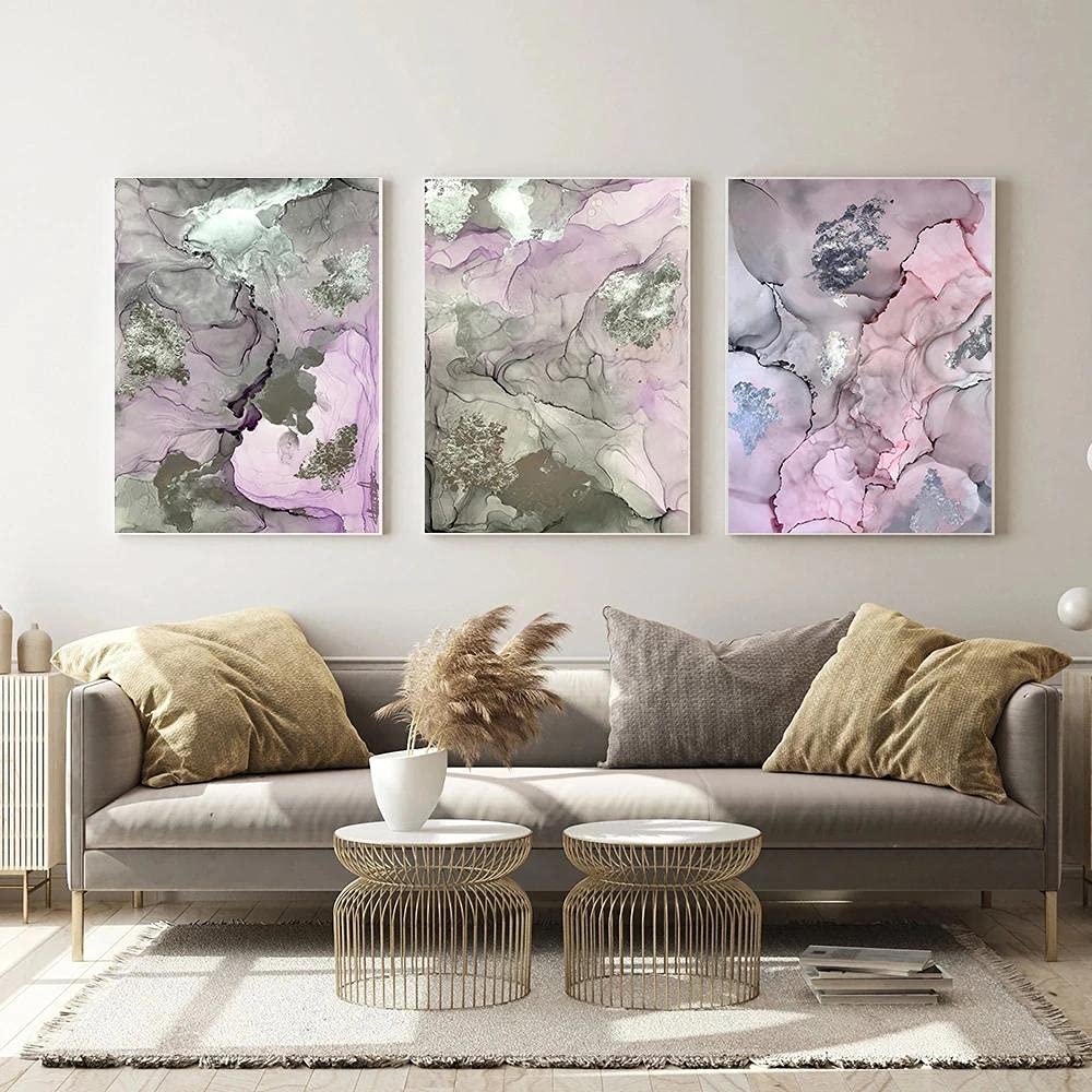 IBUKHSDGYIFH Nordic Modern Abstract lilac Grey line Wall Art Canvas Painting Silver Blue smoke Art Poster Print Wall Picture for Living Room Unframed-40x60cmx3