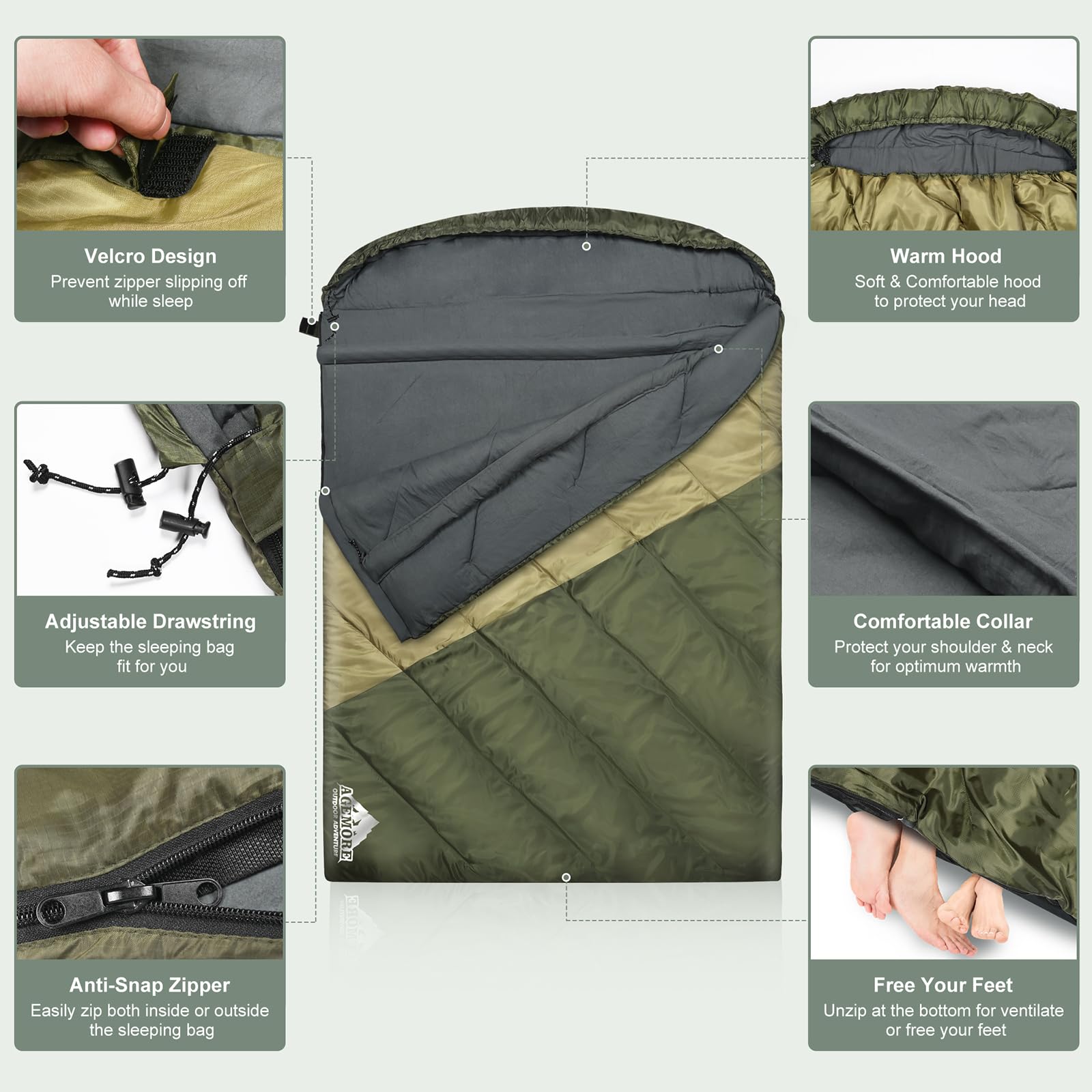 Sac de couchage double, grand lit, pour adultes, couples ou famille, sac de couchage imperméable pour 2 personnes, pour temps chaud et froid, camping, randonnée, randonnée
