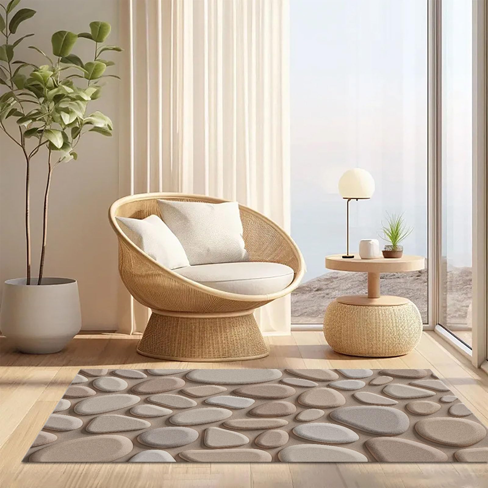 Schmutzfangmatte Innen, Moderne Steinmauer Waschbarer Fußmatte Kieselsteine Und Felsen Teppiche rutschfest Eingangstürmatte Absorbierend für Flur, Garten, Küche, 90x150 cm, Beige