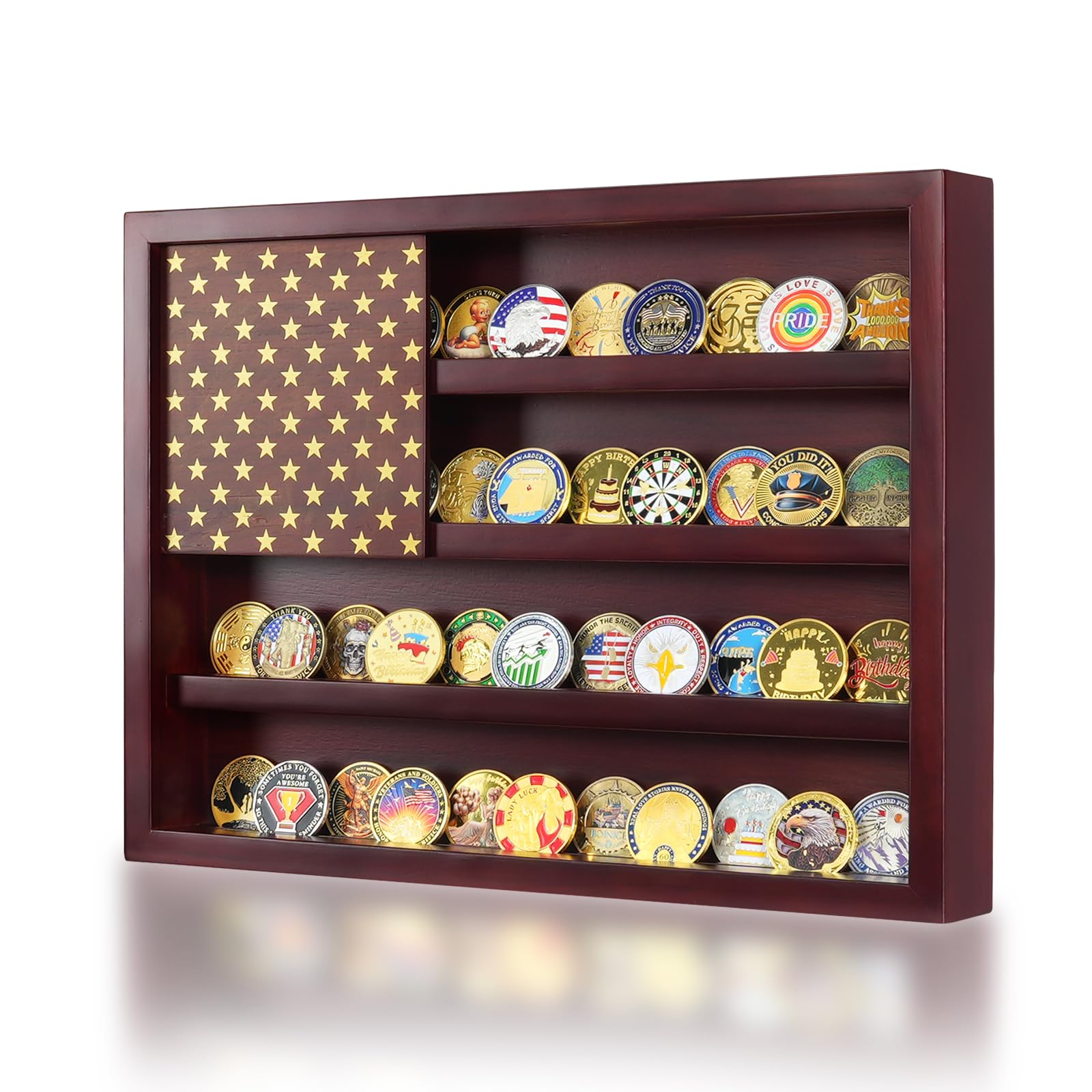 DecoWoodo 4 Rows Wooden American Flag Challenge Coin Holder Display Case - Wall Mount or Tabletop Stand for Military Coins and Collectibles, Mahogany