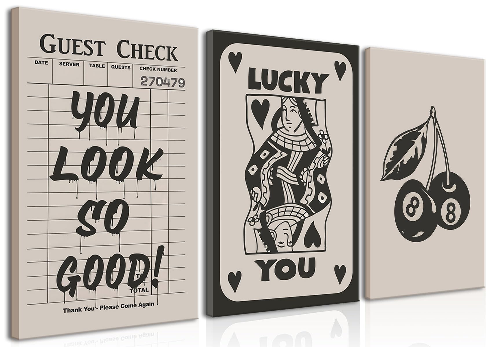 Fashion Poker Framed Canvas Wall Art Set of 3 - Vintage Queen and lucky You Poster Print Wall Decor Aesthetic, Black Art Home Wall Decor for Bedroom Living Room - Framed 16x24''